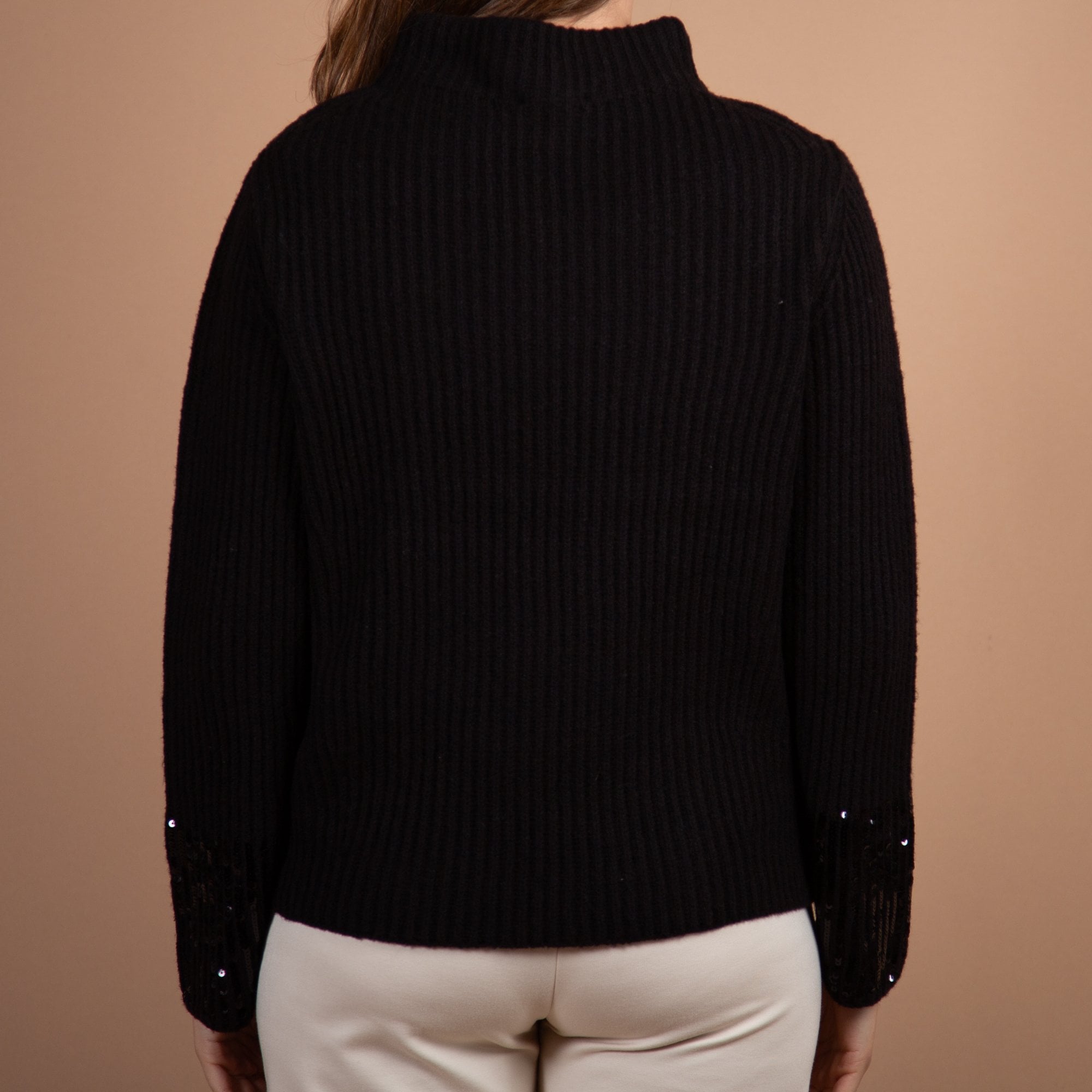 Monari Rib Split Collar Jumper With Sequin Cuff Black
