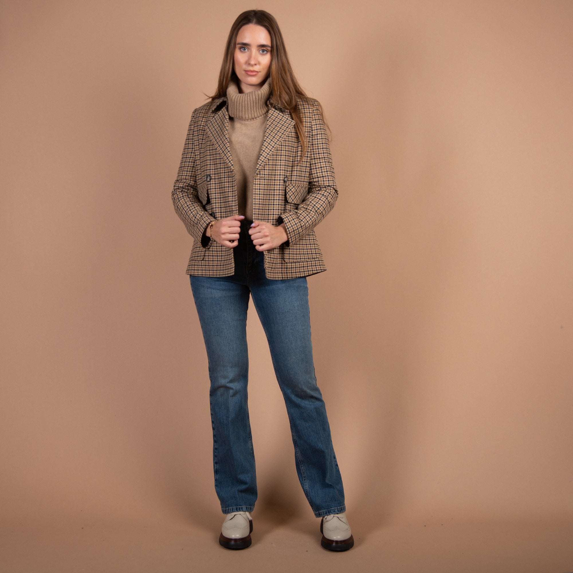 Oui Double Breasted Check Boxy Blazer Camel/grey