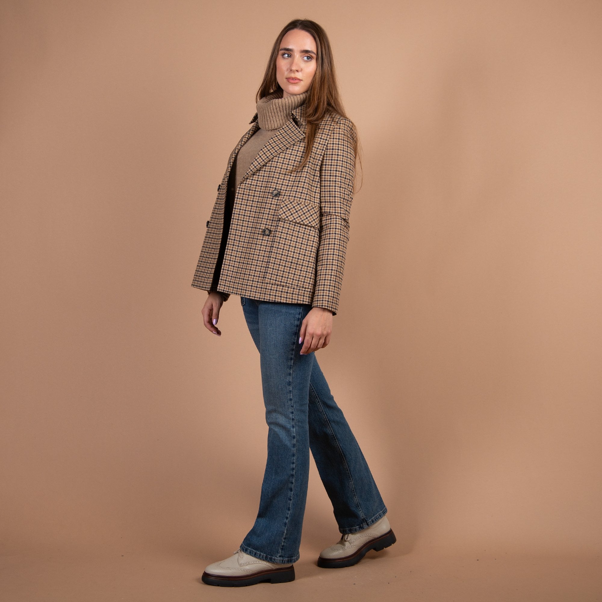 Oui Double Breasted Check Boxy Blazer Camel/grey