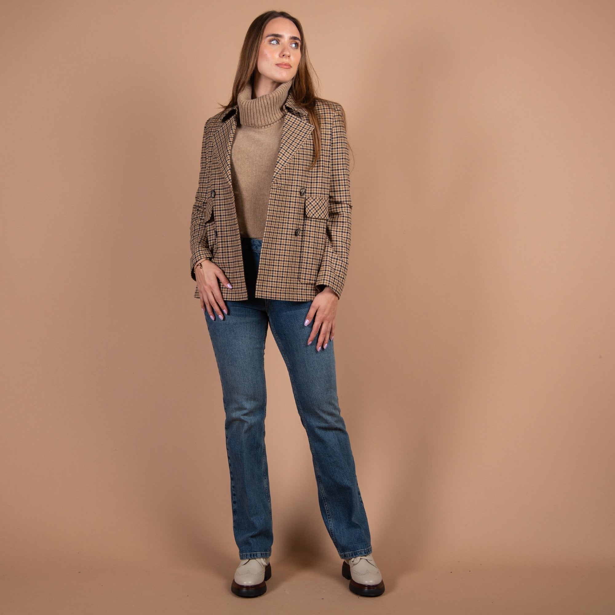 Oui Double Breasted Check Boxy Blazer Camel/grey