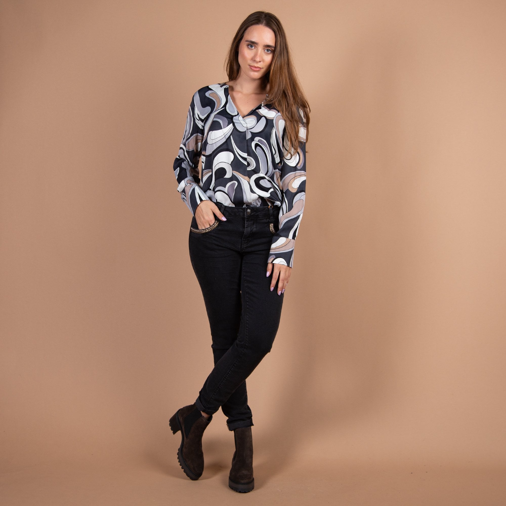 Just White Pucci Print Pleat Front Blouse Grey/Beige