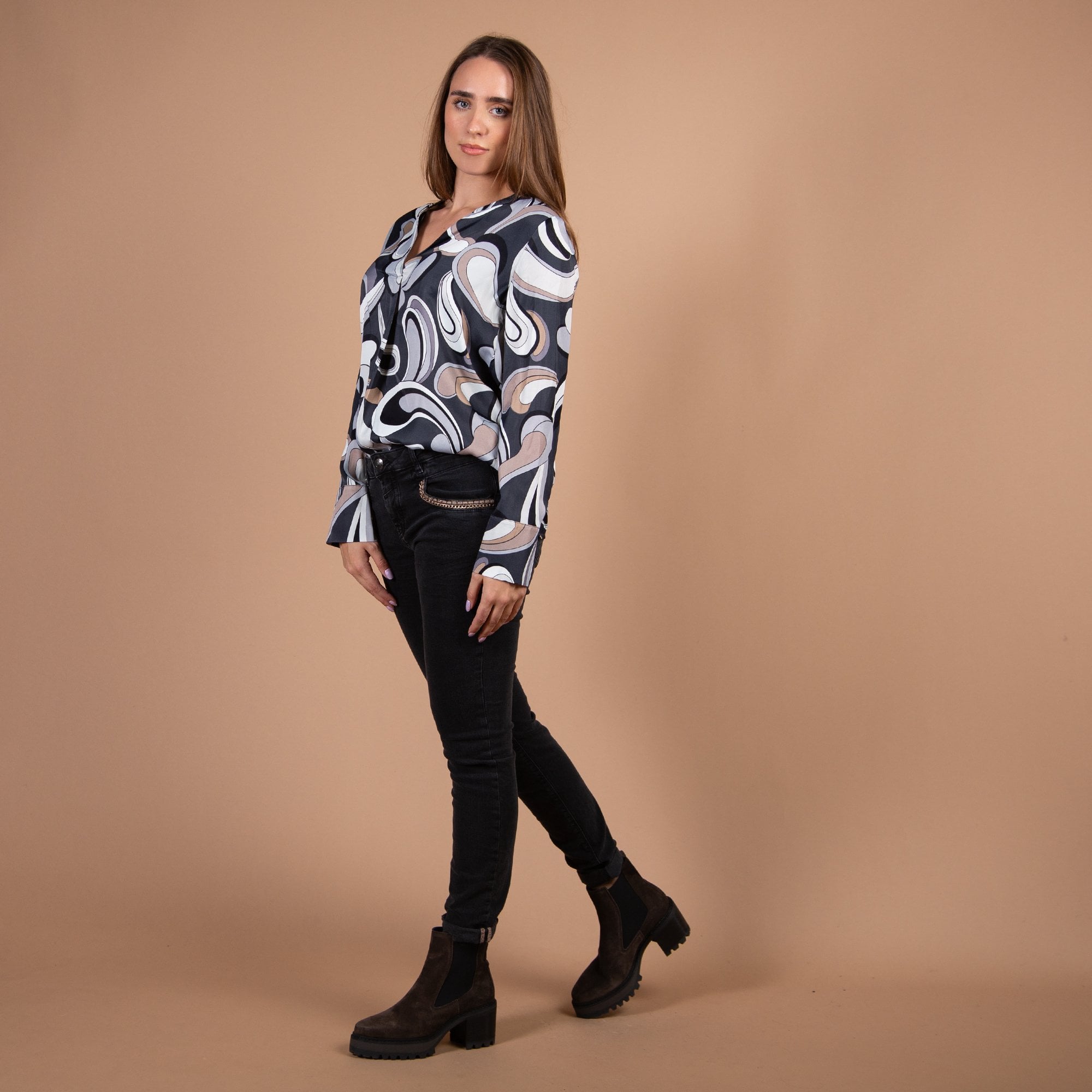 Just White Pucci Print Pleat Front Blouse Grey/Beige