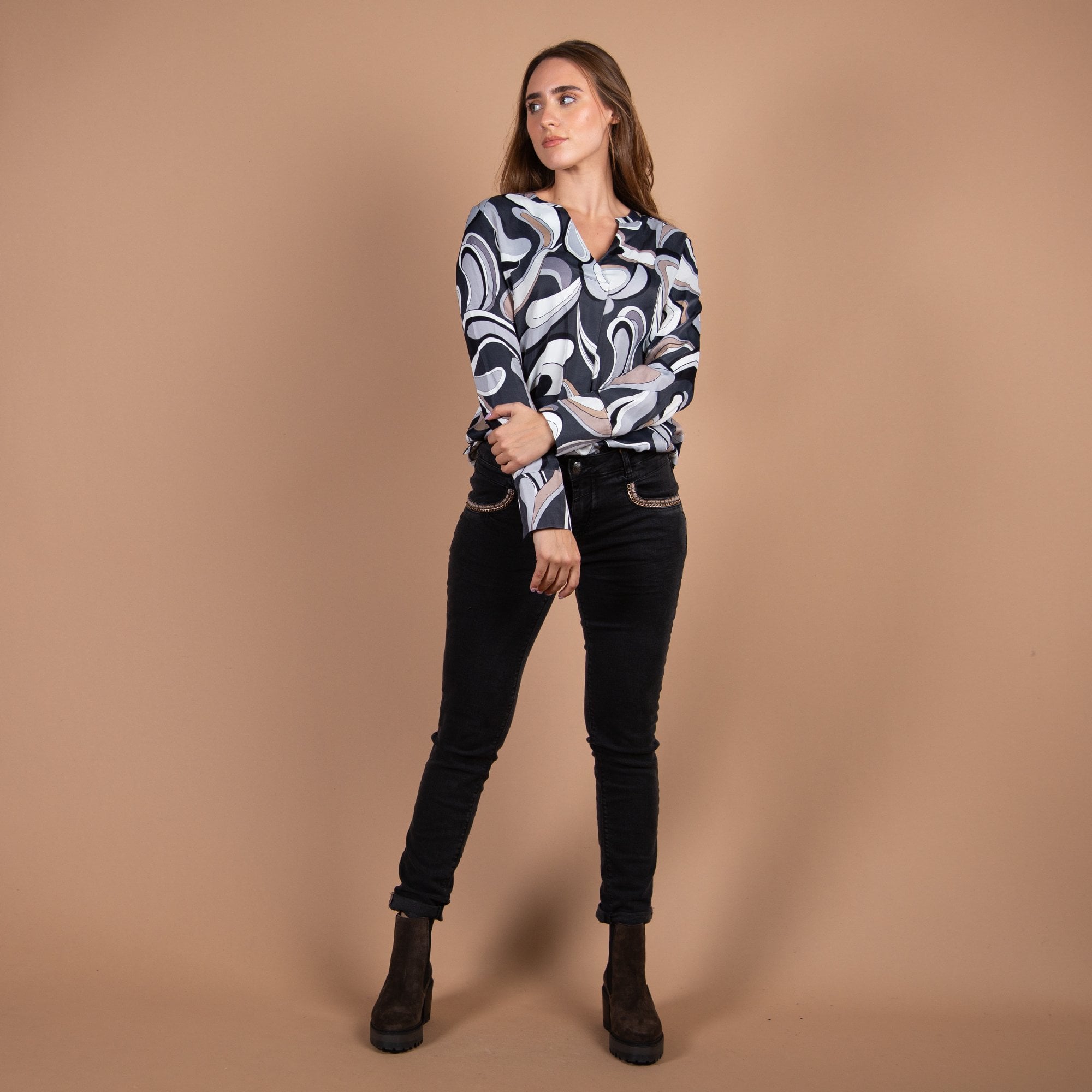 Just White Pucci Print Pleat Front Blouse Grey/Beige