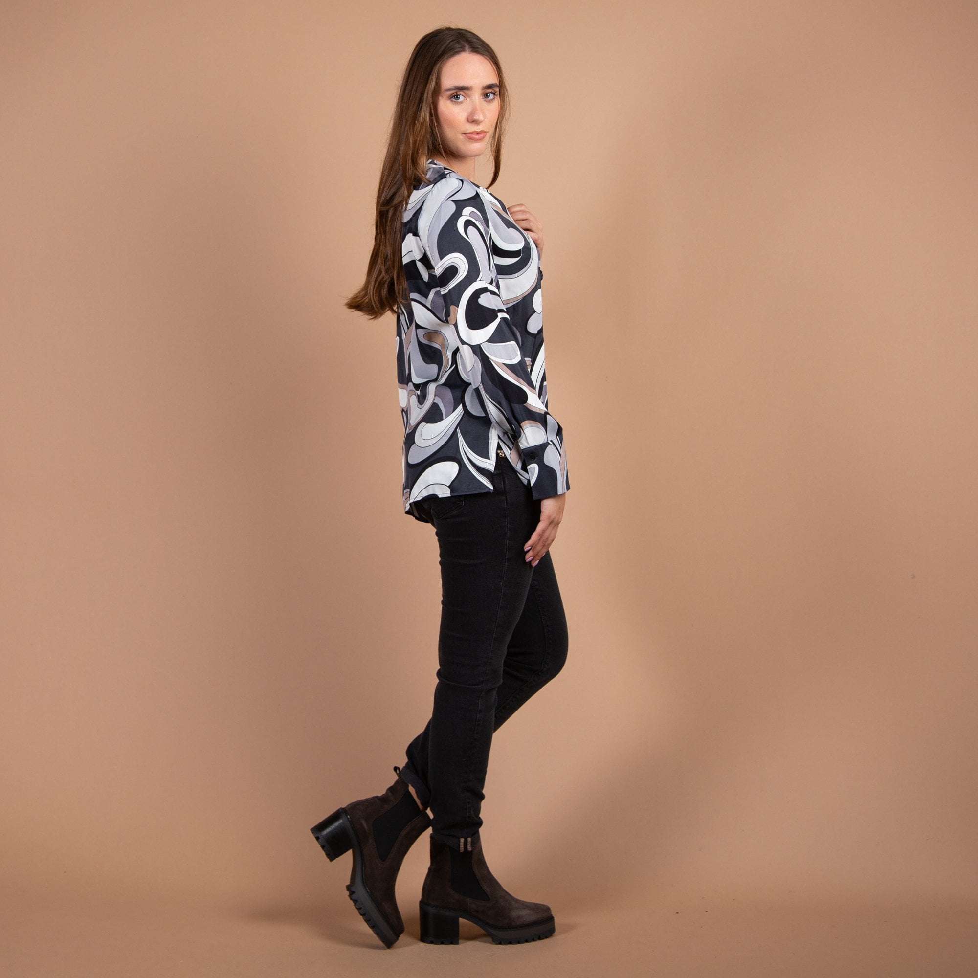 Just White Pucci Print Pleat Front Blouse Grey/Beige