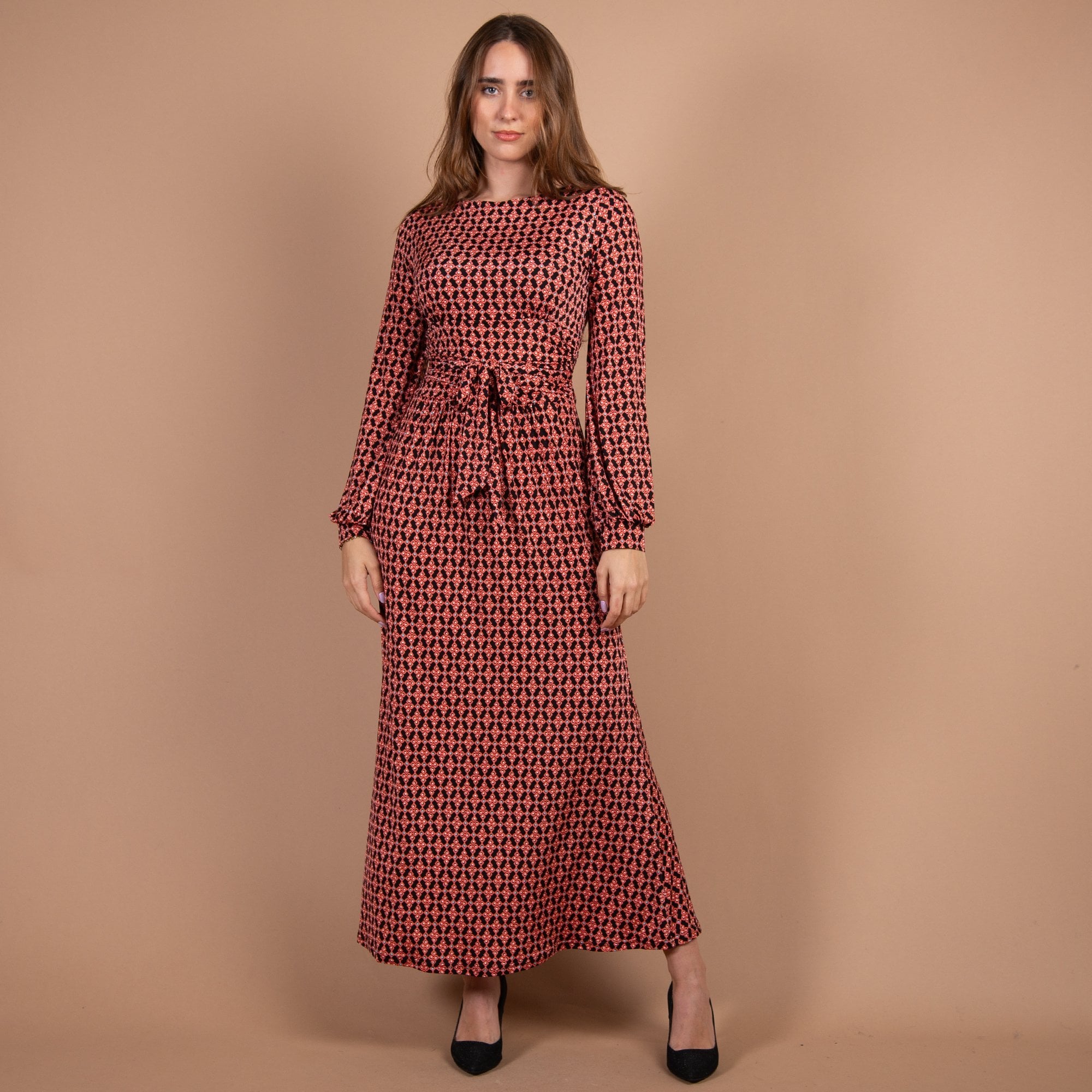 Onjenu Octavia Mini Cube Print Waisted Maxi Dress Coral/black