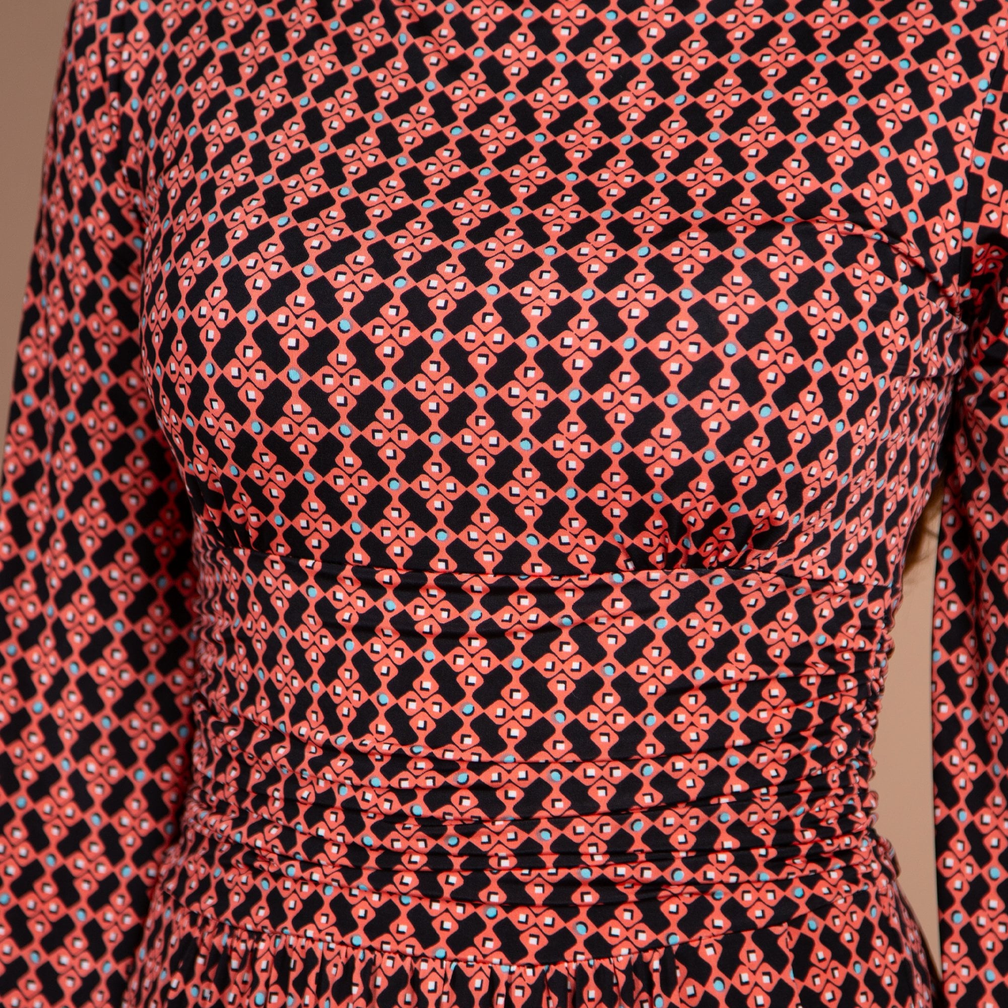 Onjenu Octavia Mini Cube Print Waisted Maxi Dress Coral/black