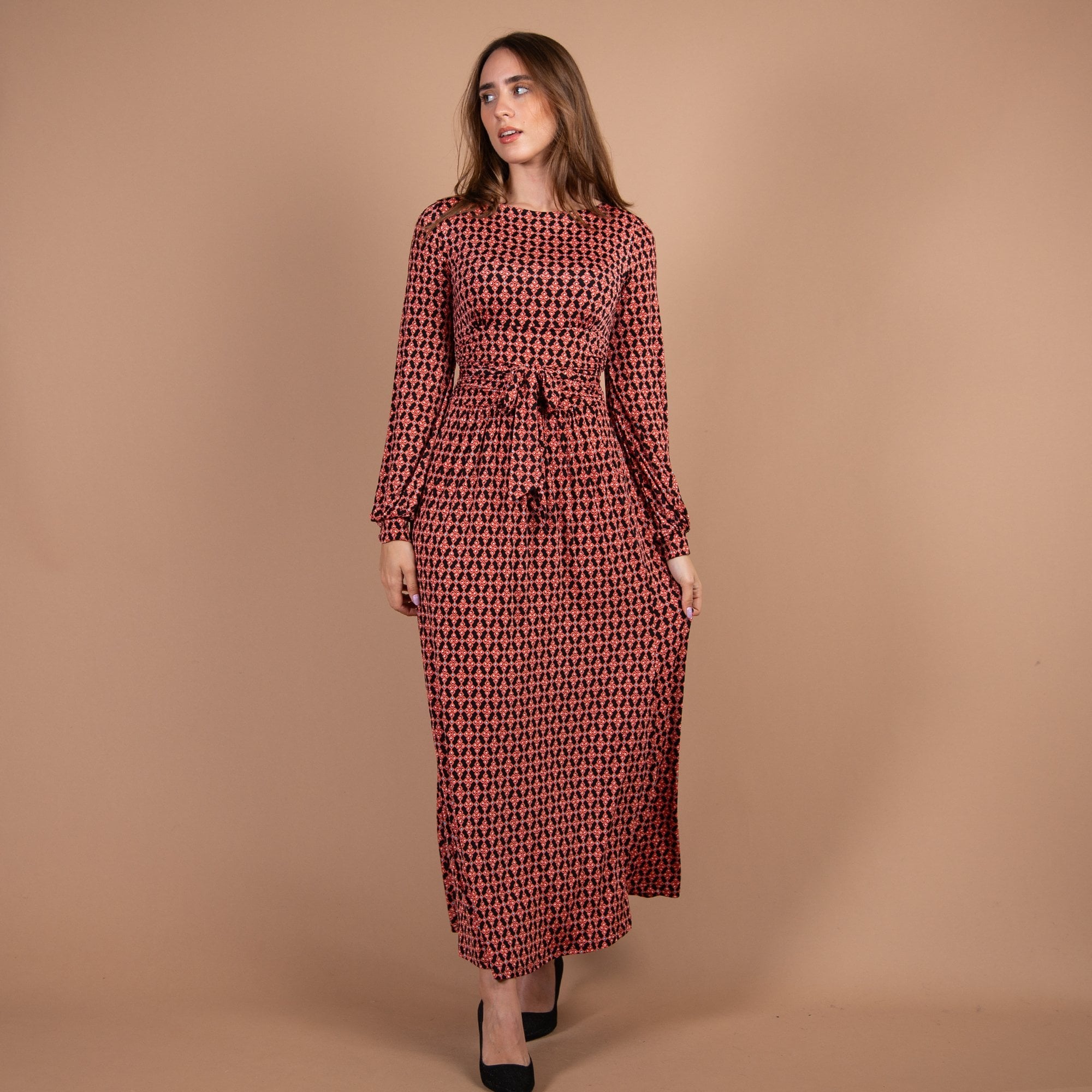 Onjenu Octavia Mini Cube Print Waisted Maxi Dress Coral/black