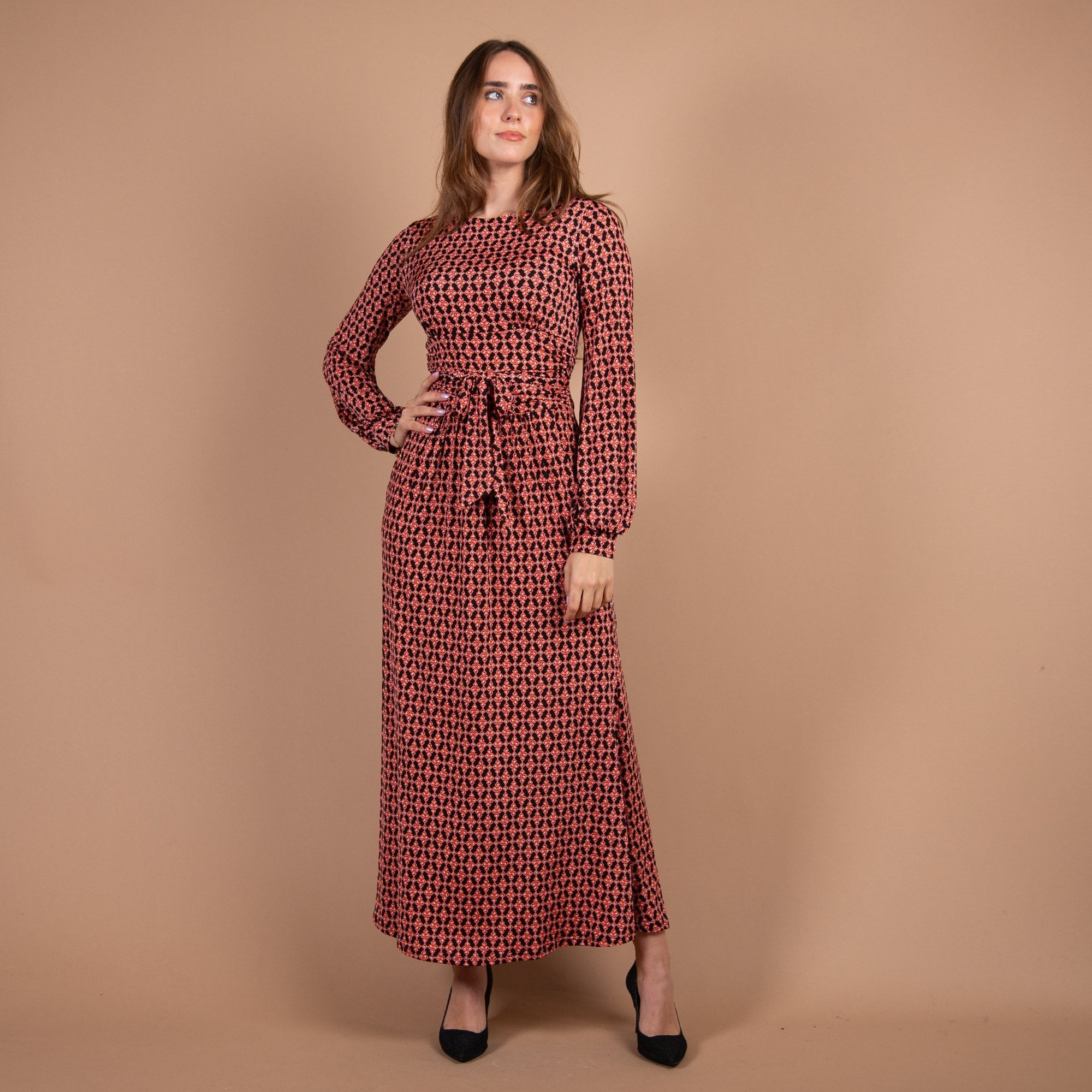 Onjenu Octavia Mini Cube Print Waisted Maxi Dress Coral/black