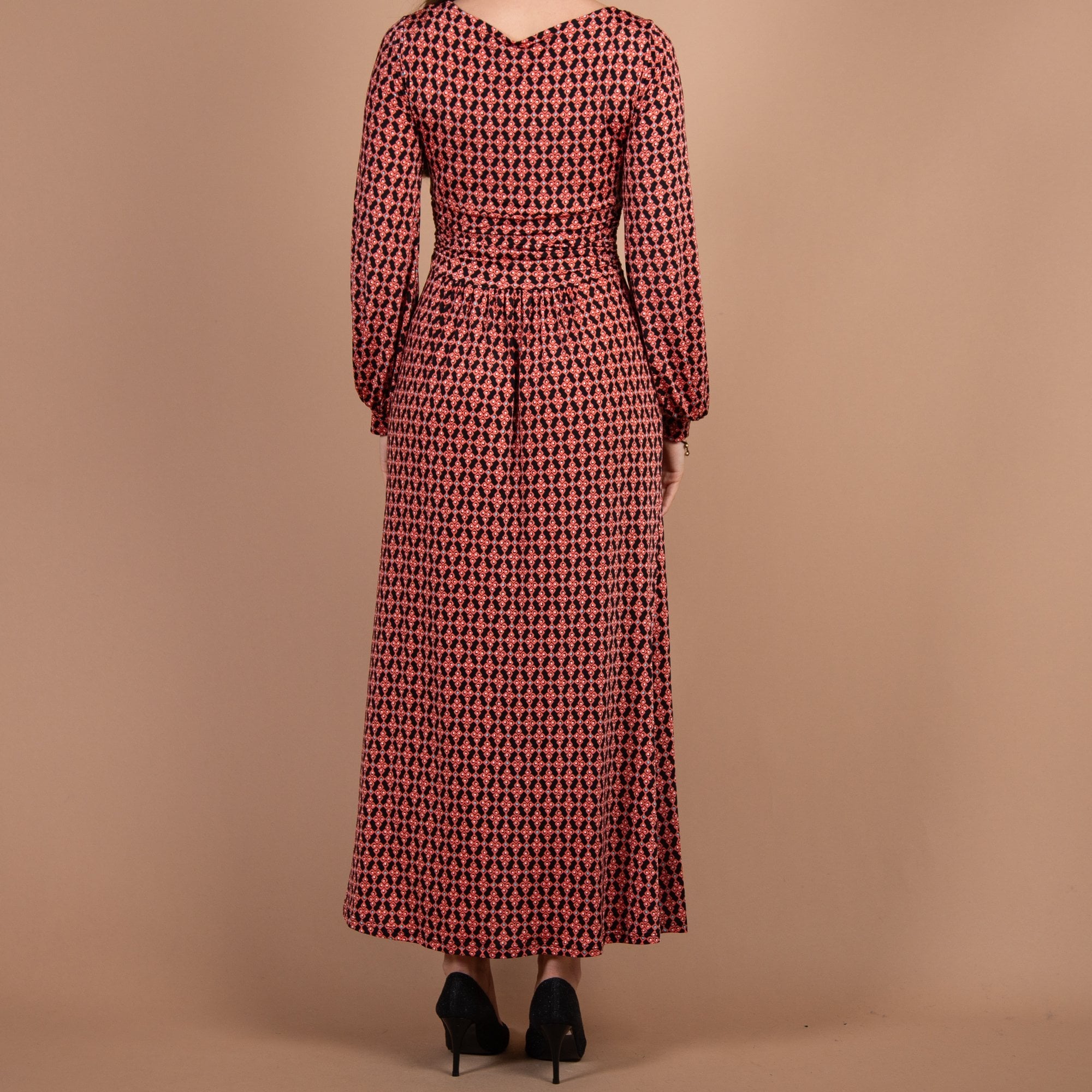 Onjenu Octavia Mini Cube Print Waisted Maxi Dress Coral/black