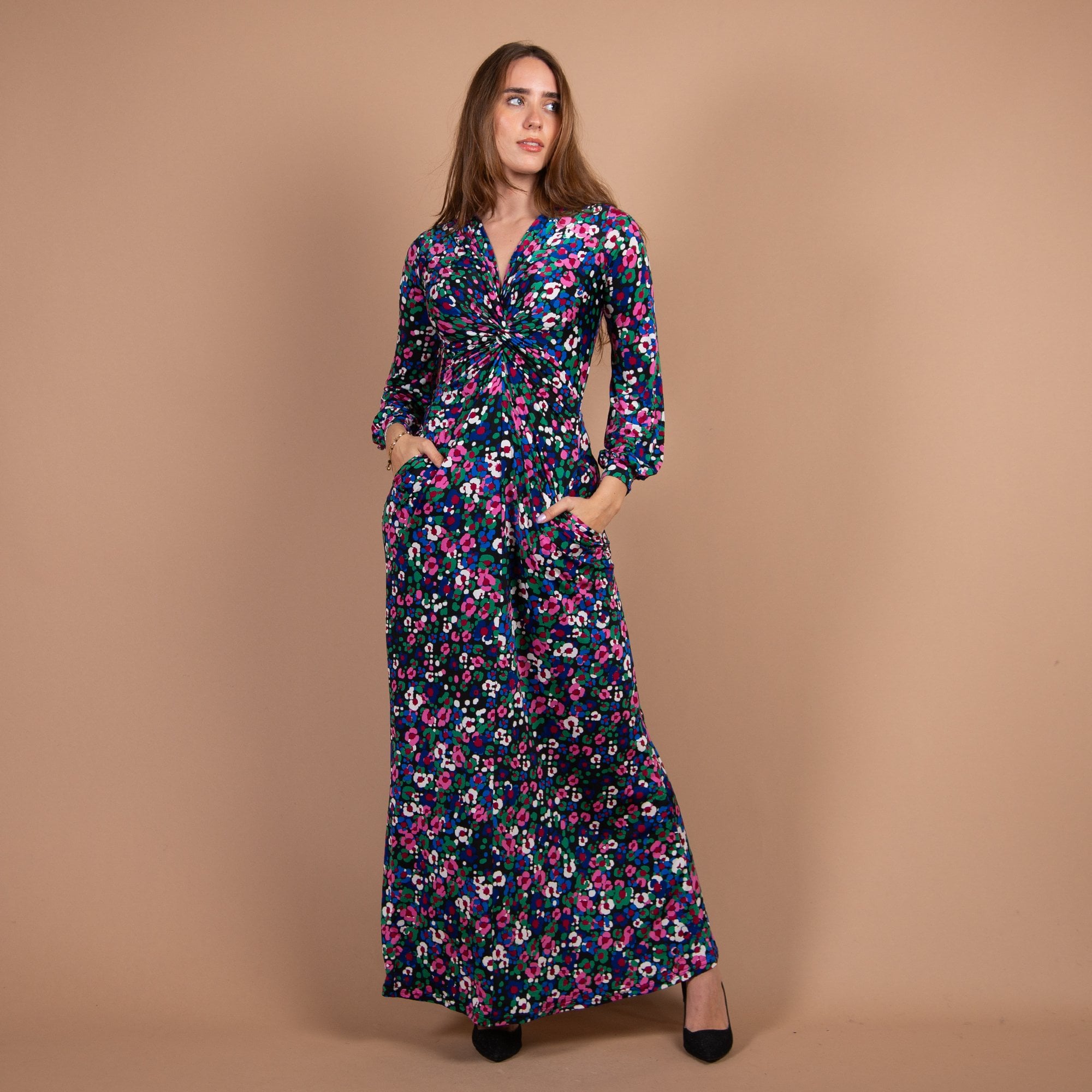 Onjenu Fawcett Floral V Neck Twist Knot Front Maxi Dress Black Multi