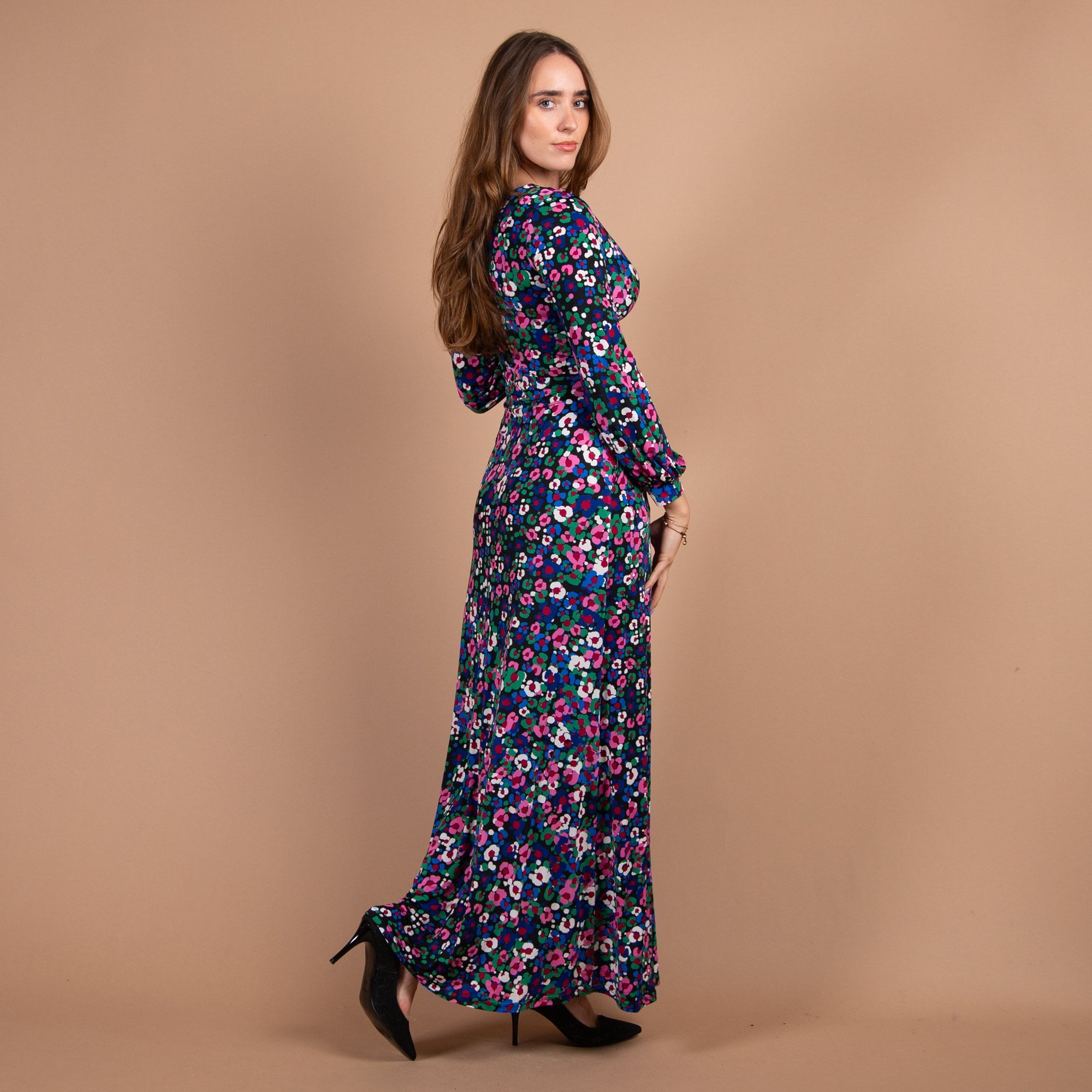 Onjenu Fawcett Floral V Neck Twist Knot Front Maxi Dress Black Multi