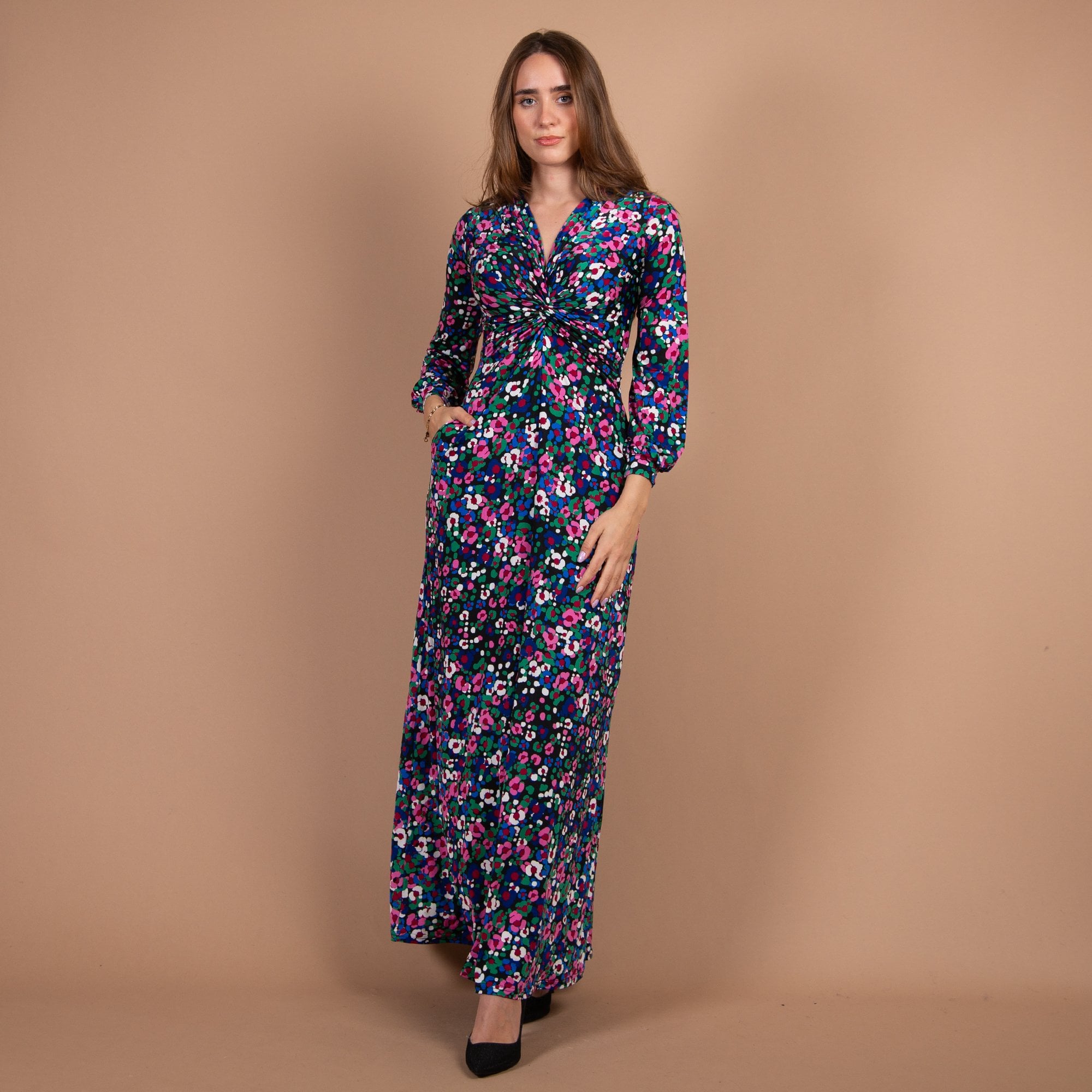 Onjenu Fawcett Floral V Neck Twist Knot Front Maxi Dress Black Multi