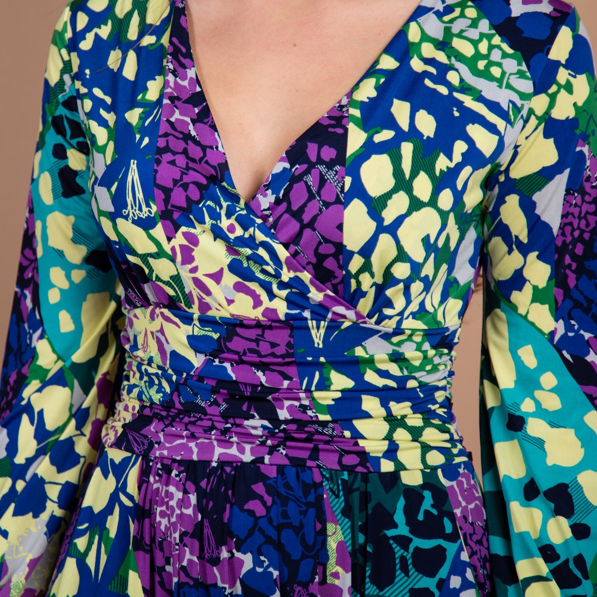 Onjenu Faye Tiered Hem V Neck Waisted Maxi Dress Purple/yellow/green