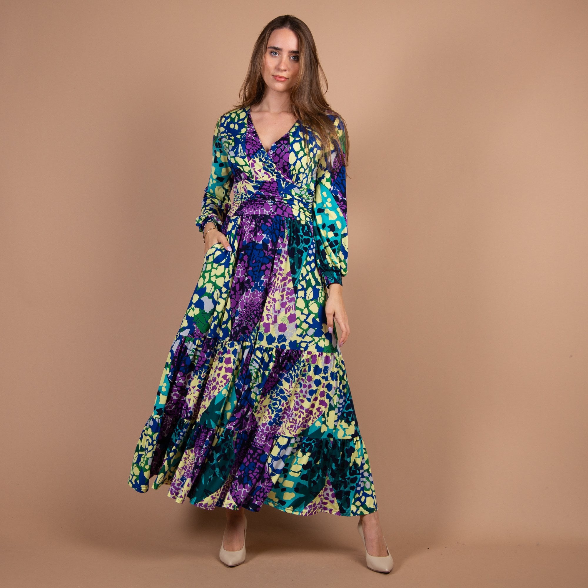 Onjenu Faye Tiered Hem V Neck Waisted Maxi Dress Purple/yellow/green