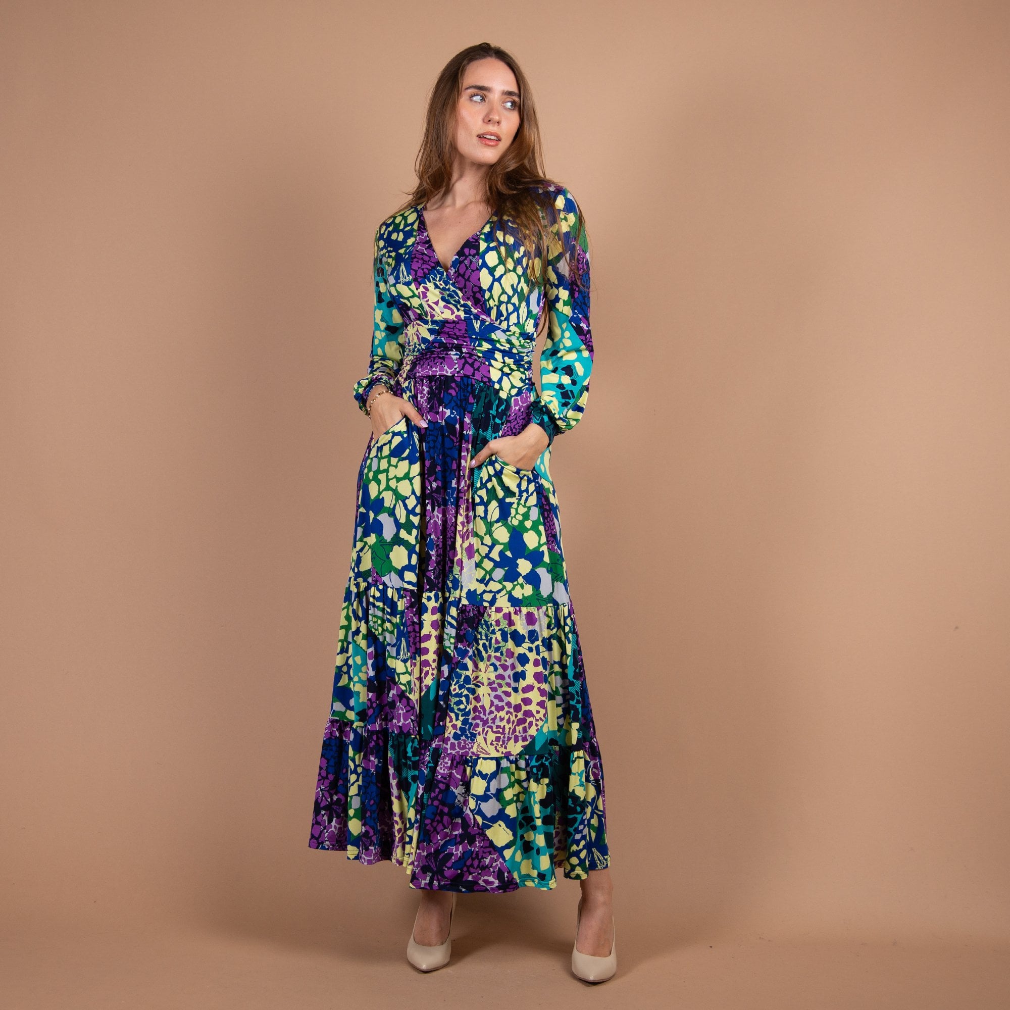 Onjenu Faye Tiered Hem V Neck Waisted Maxi Dress Purple/yellow/green