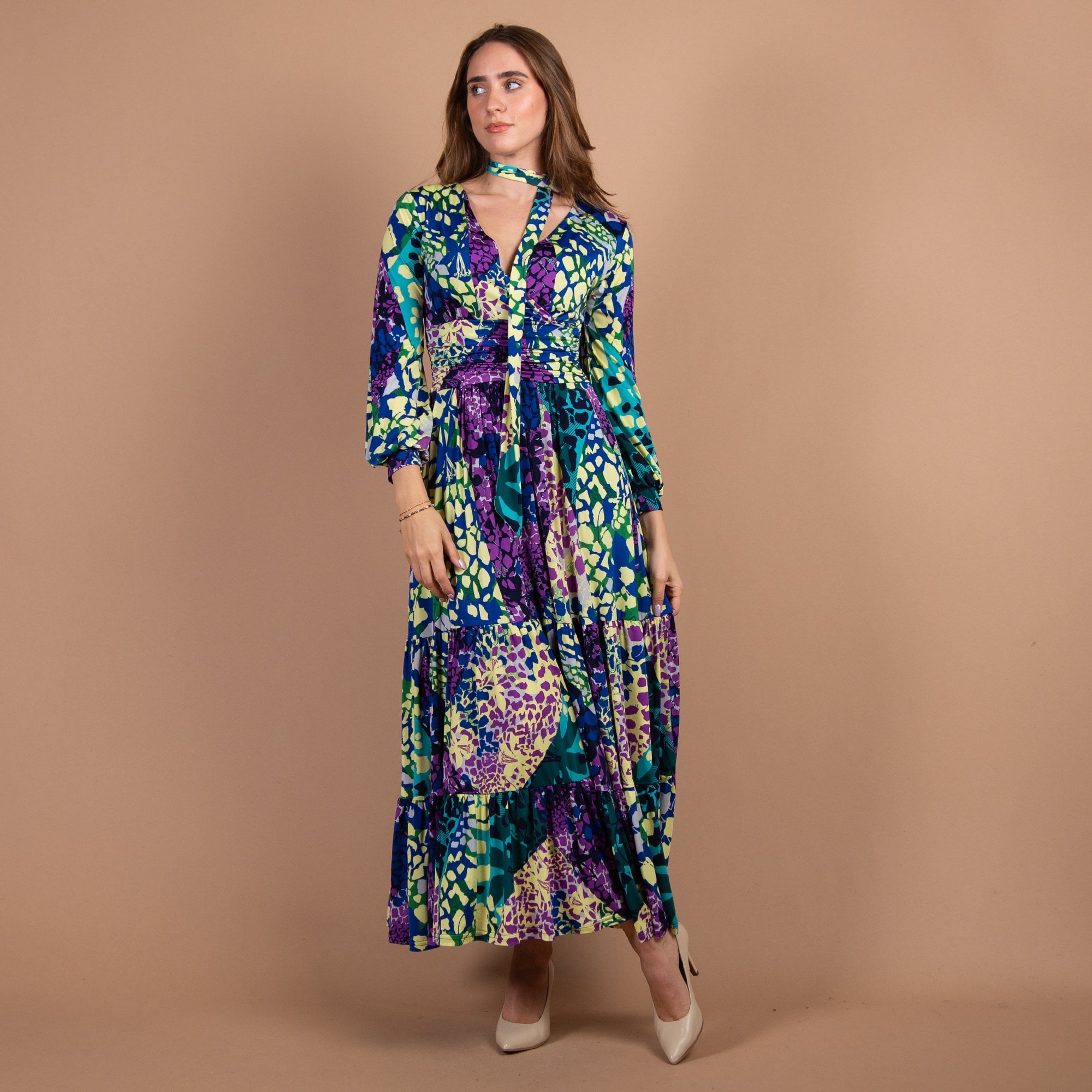 Onjenu Faye Tiered Hem V Neck Waisted Maxi Dress Purple/yellow/green