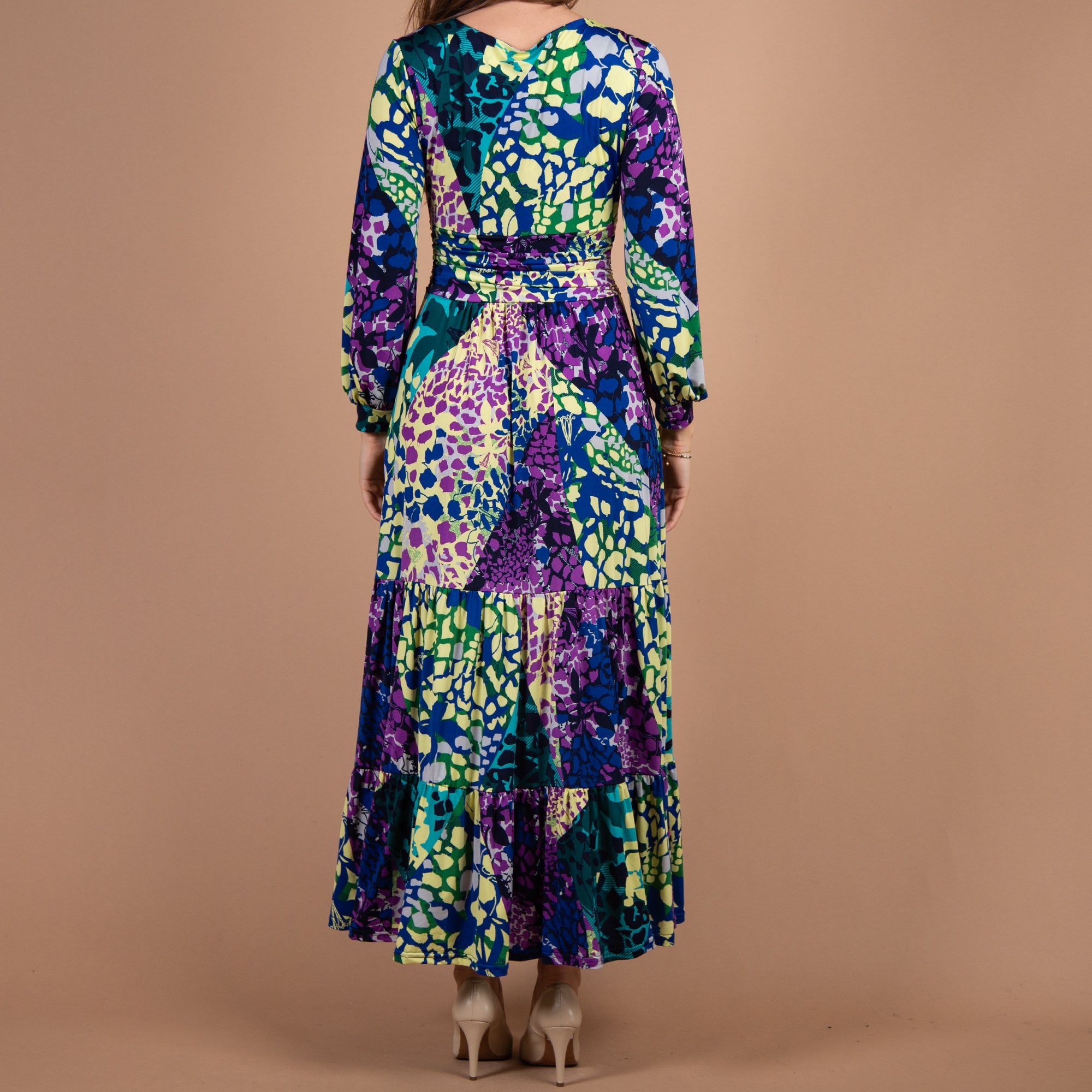 Onjenu Faye Tiered Hem V Neck Waisted Maxi Dress Purple/yellow/green