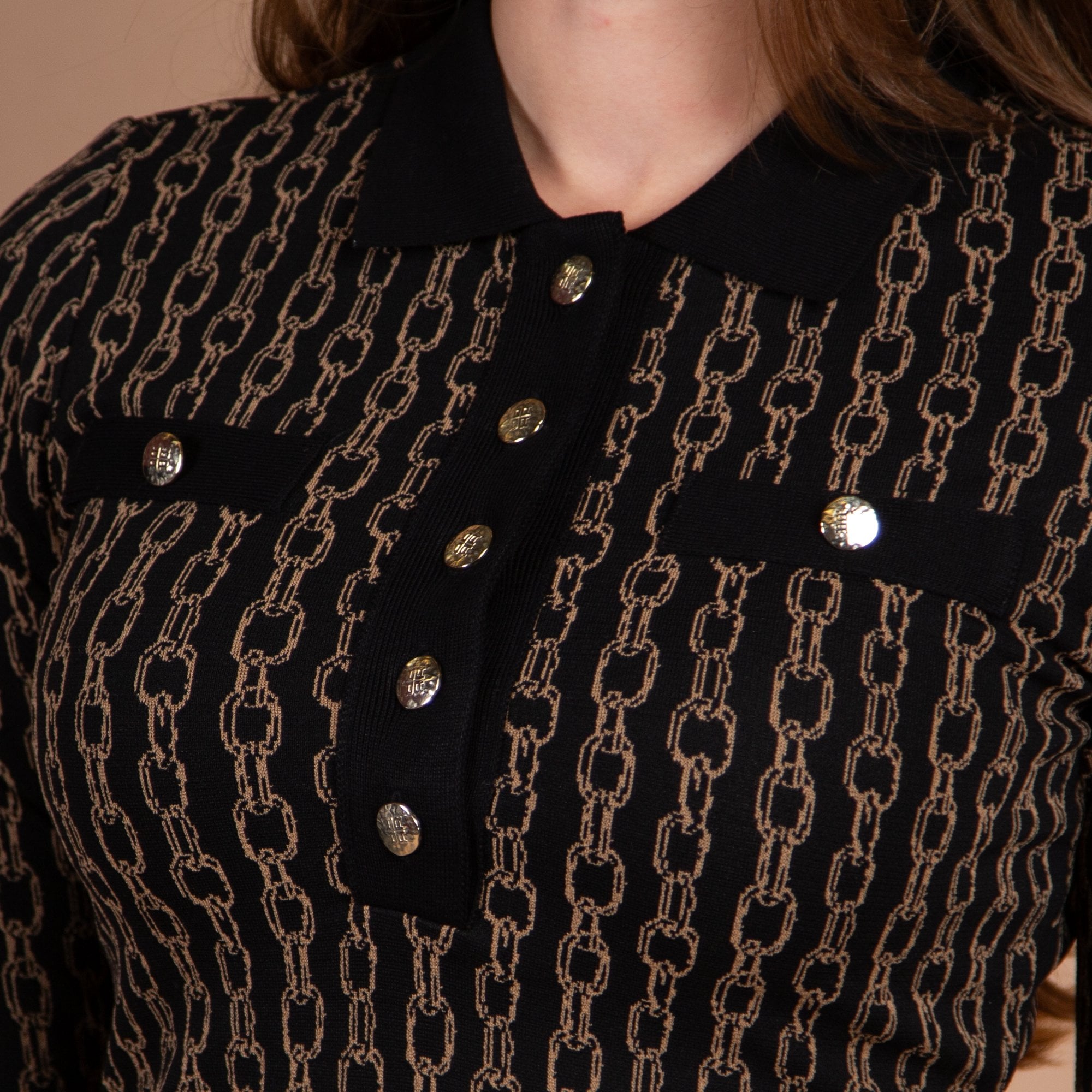 Riani Chain Print Stretch Fitted Shirt Dress Black/beige