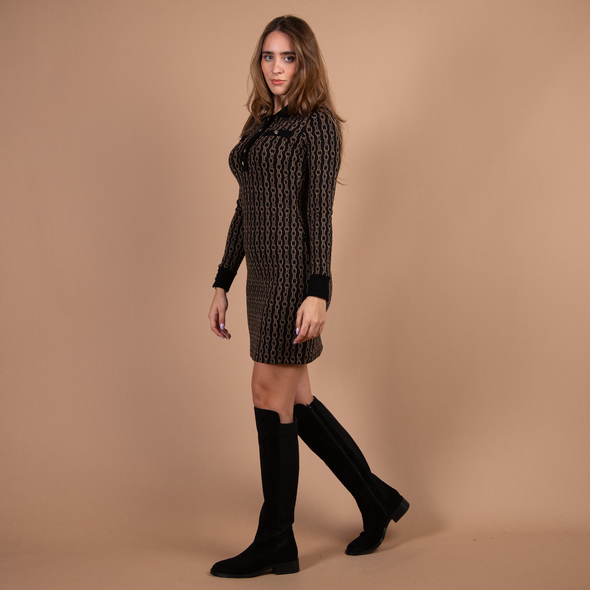 Riani Chain Print Stretch Fitted Shirt Dress Black/beige