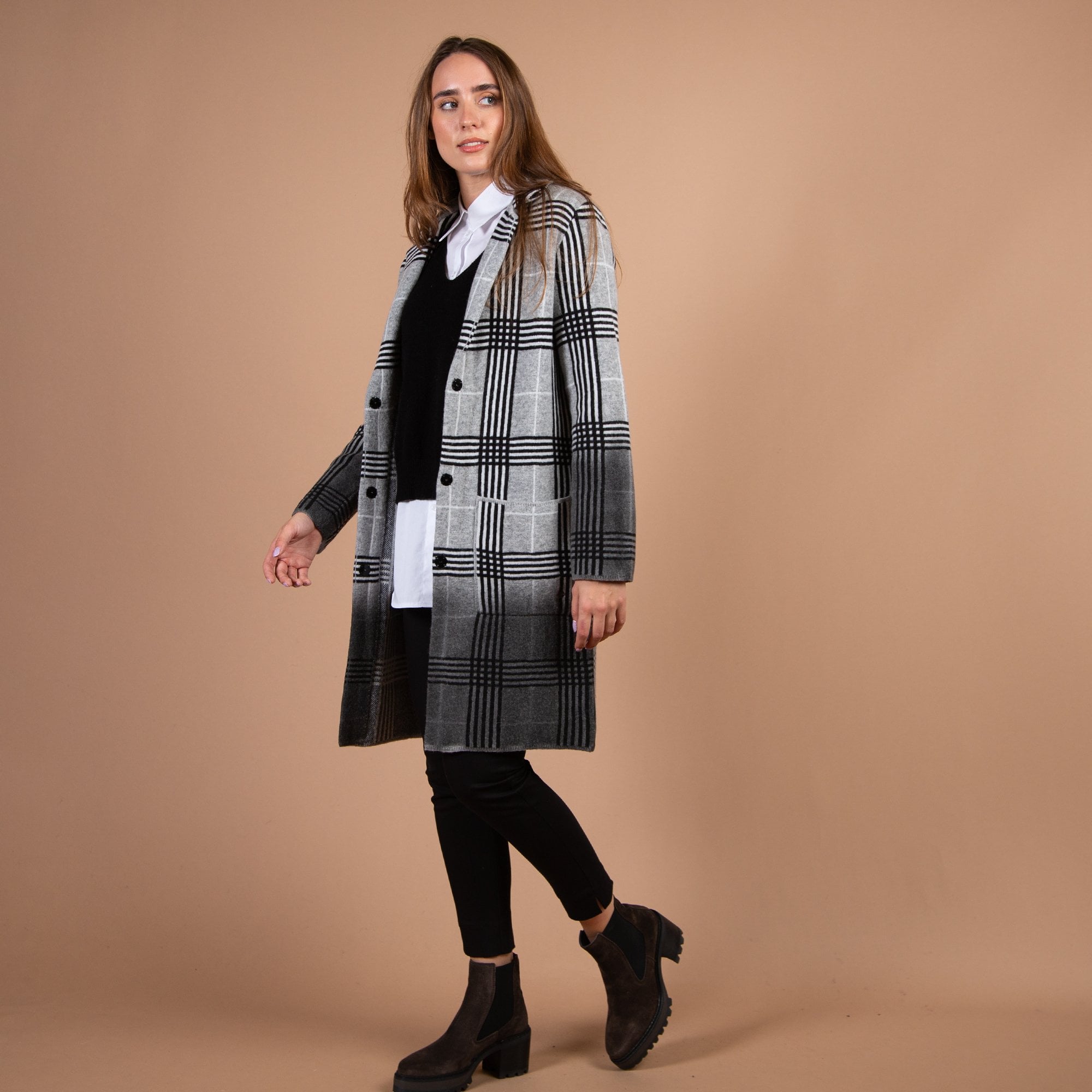 Monari Pocket Front Check Coatigan Grey/black