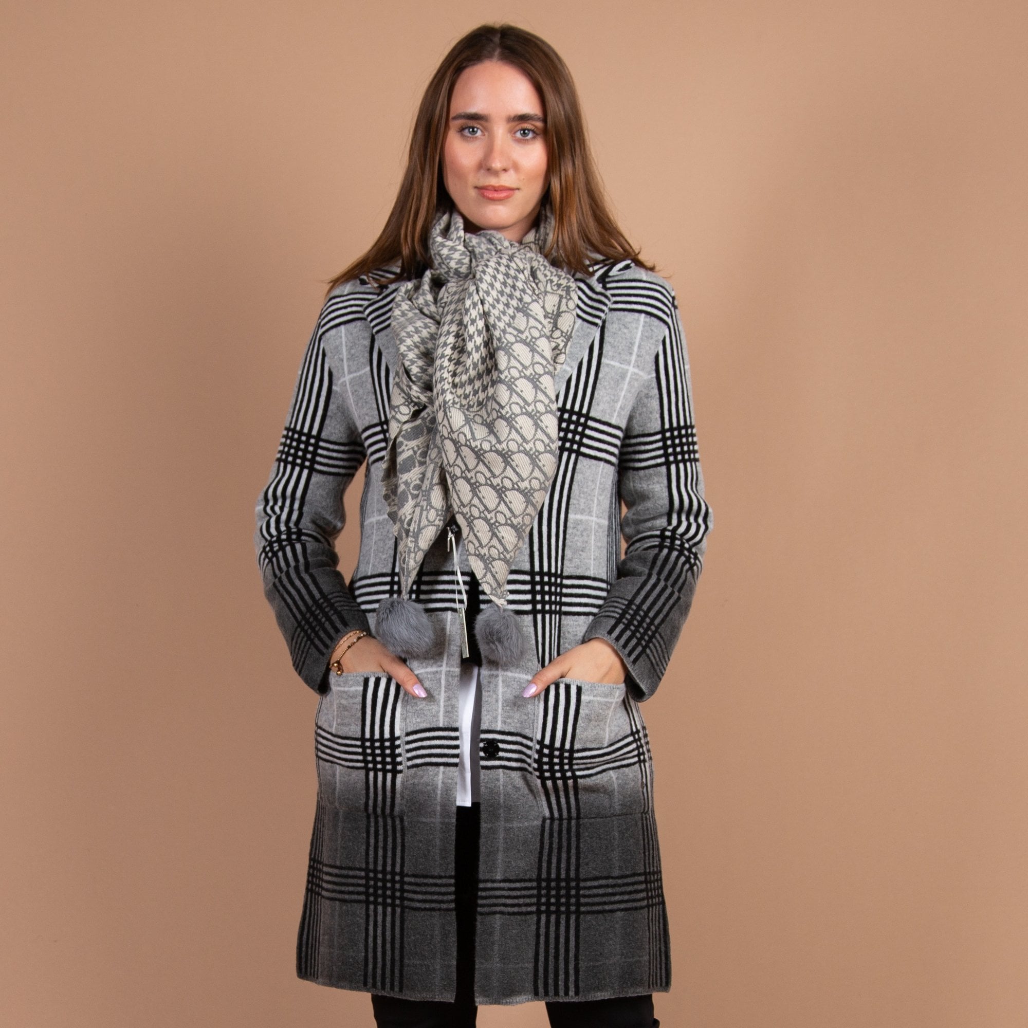 Monari Pocket Front Check Coatigan Grey/black