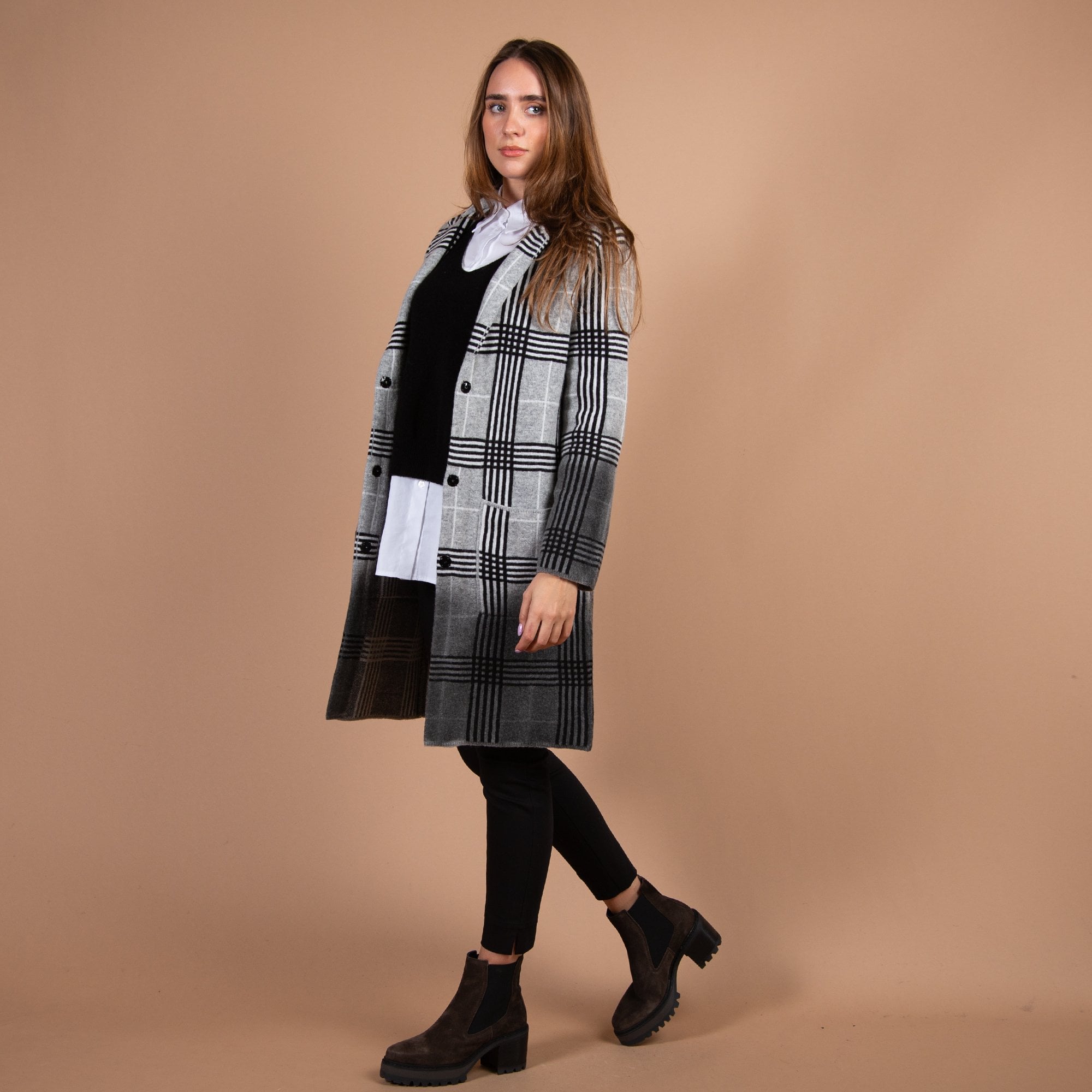 Monari Pocket Front Check Coatigan Grey/black