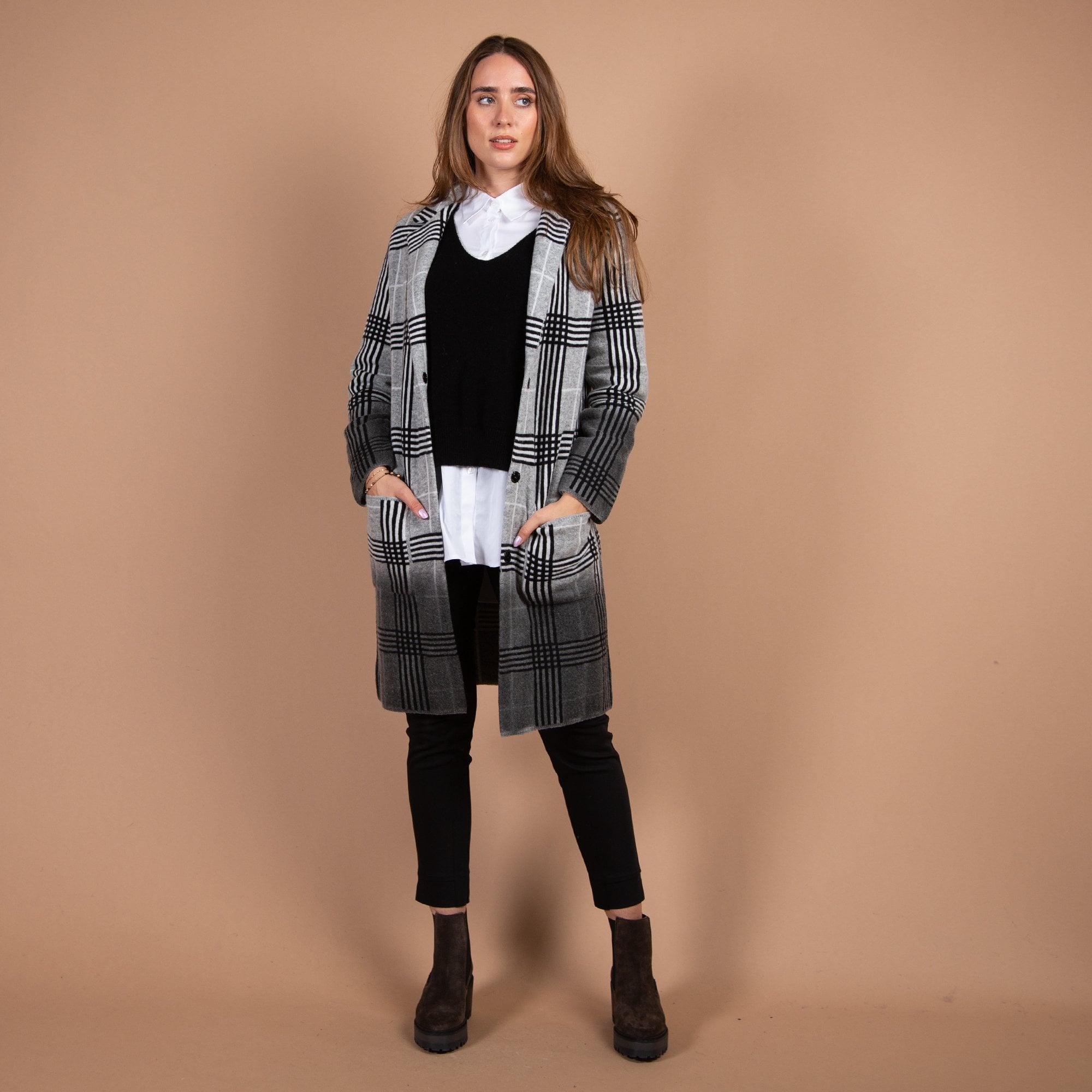 Monari Pocket Front Check Coatigan Grey/black