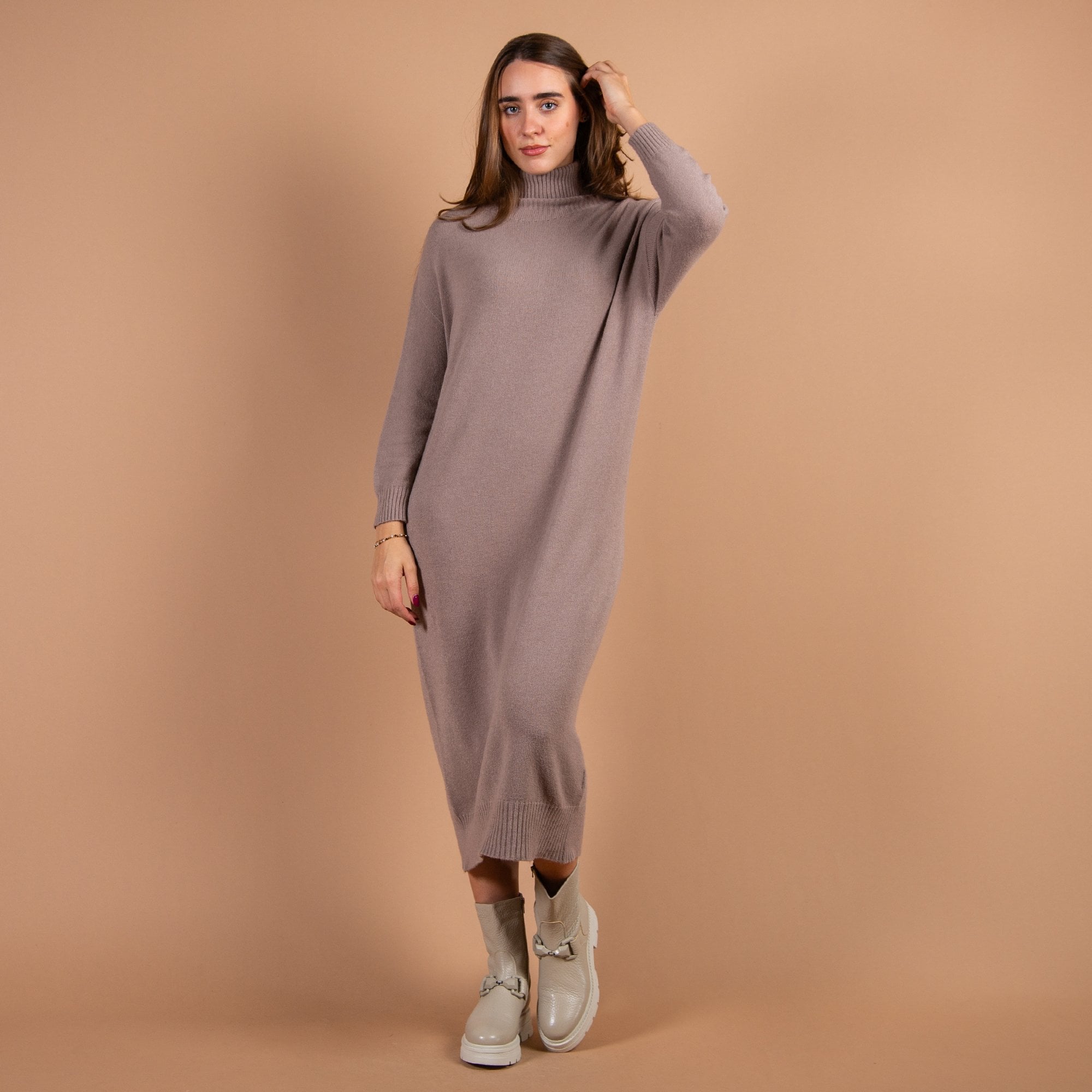 Amazing Woman Paige E Long Polo Neck Jumper Dress Taupe 1078