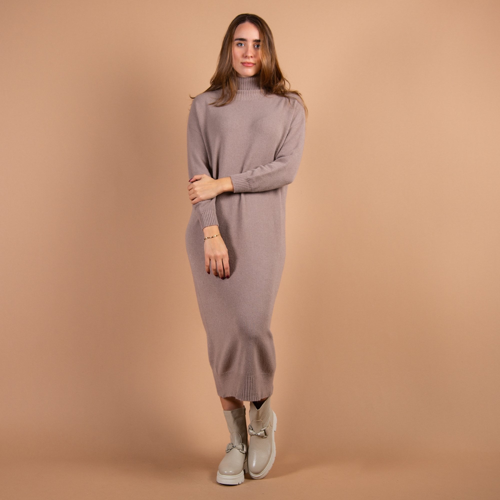 Amazing Woman Paige E Long Polo Neck Jumper Dress Taupe 1078