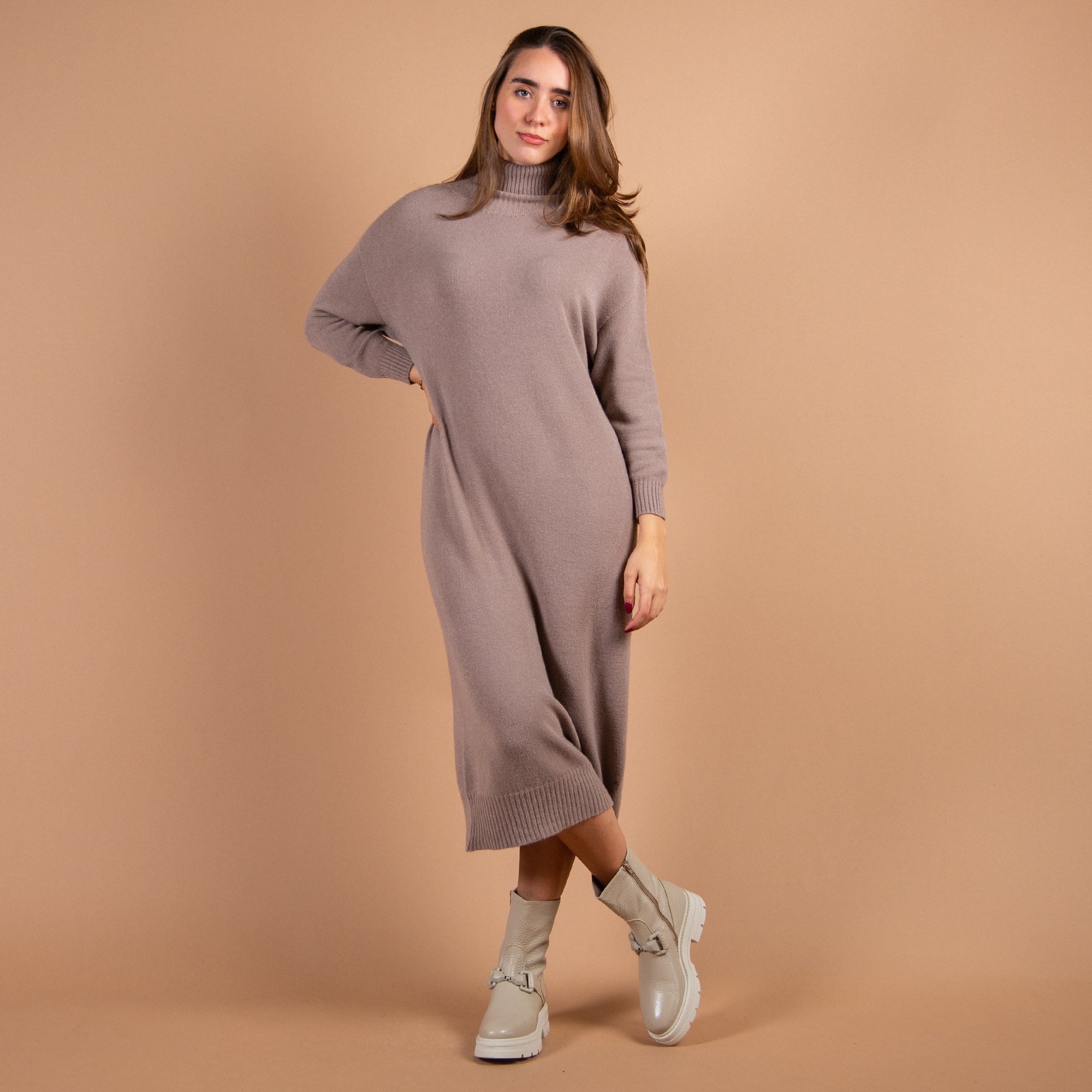 Amazing Woman Paige E Long Polo Neck Jumper Dress Taupe 1078