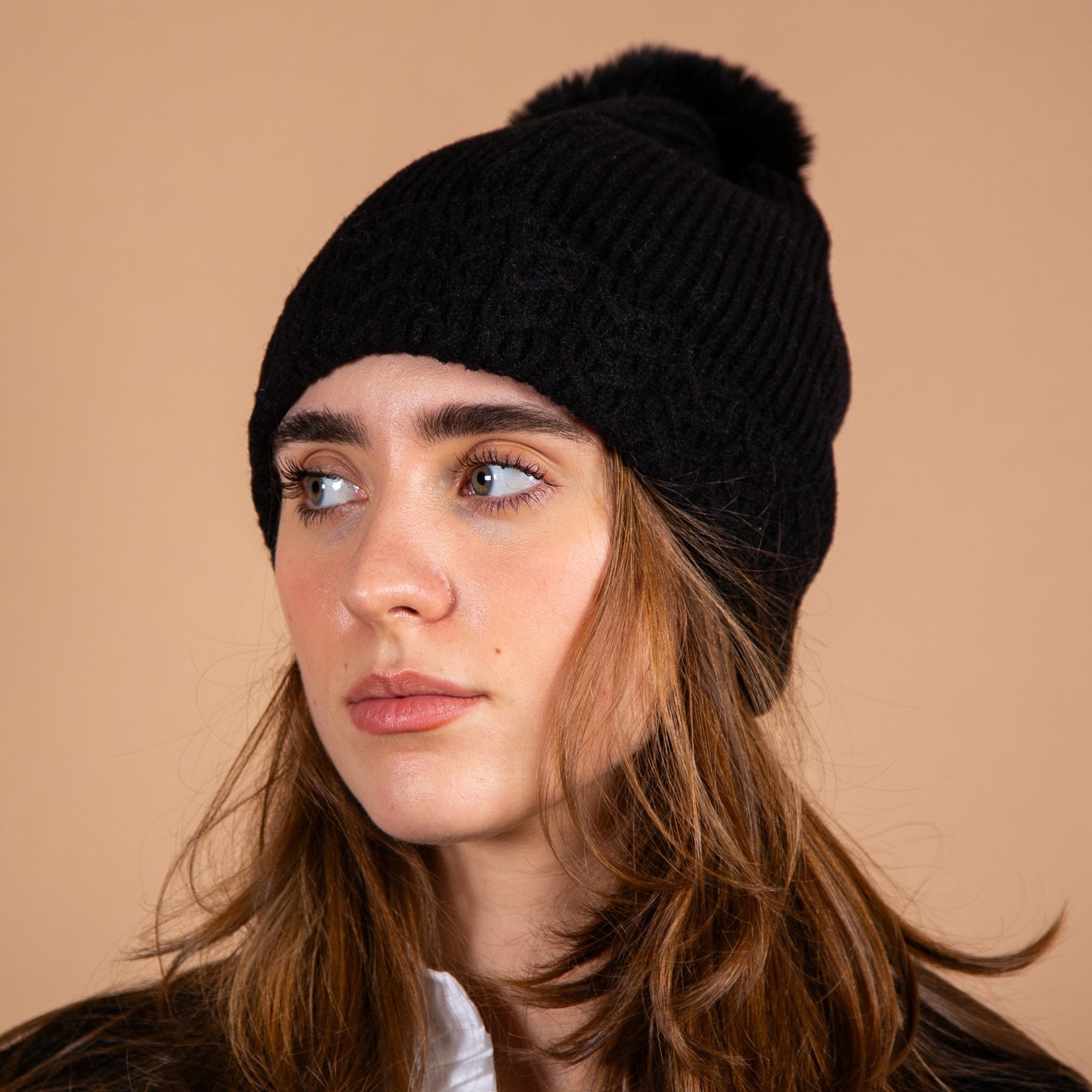 Reevo Ribbed Beanie Hat With Cable Trim And Pompom Black