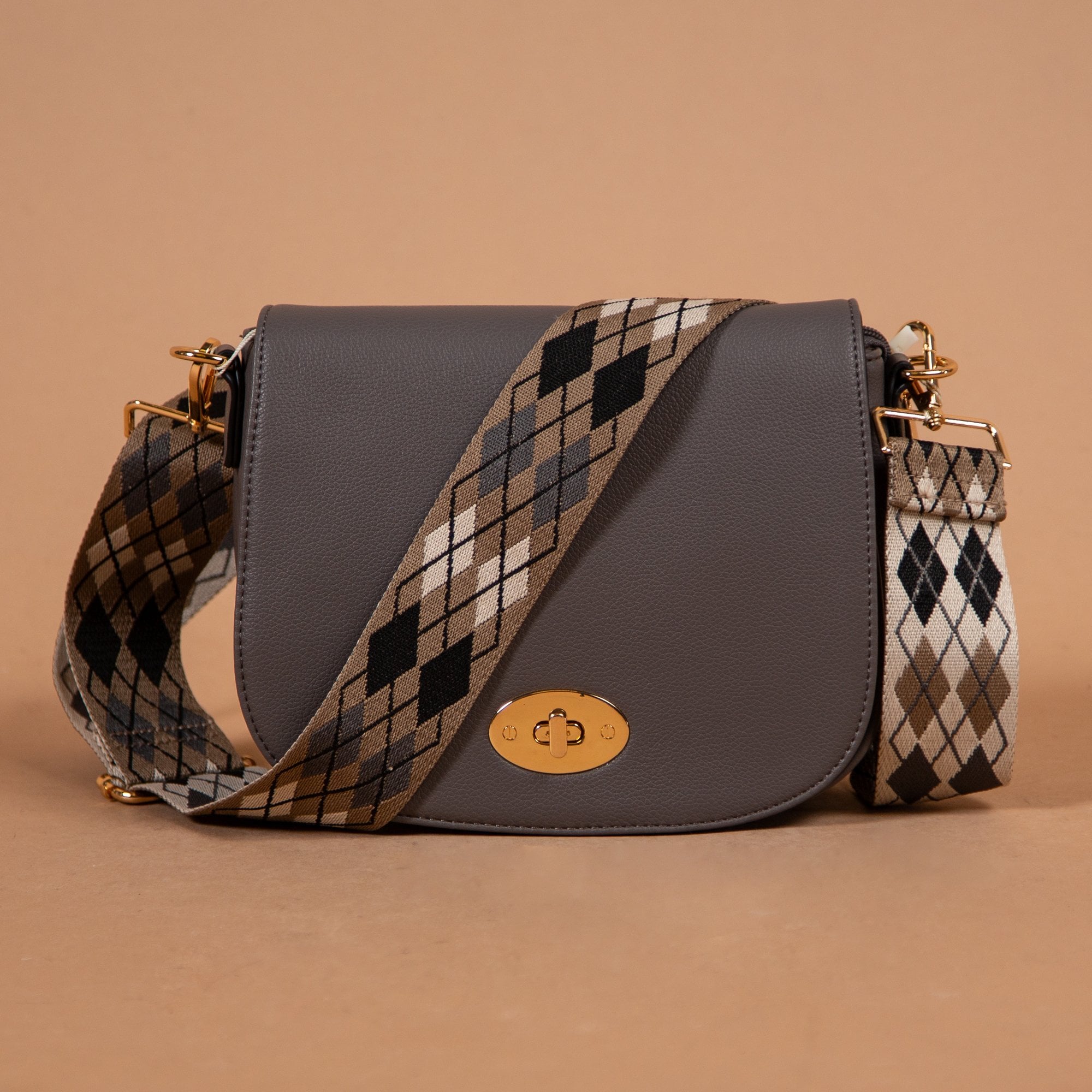 Sister HM Vegan Leather Flip Over Twist Cross Body Bag Dark Grey