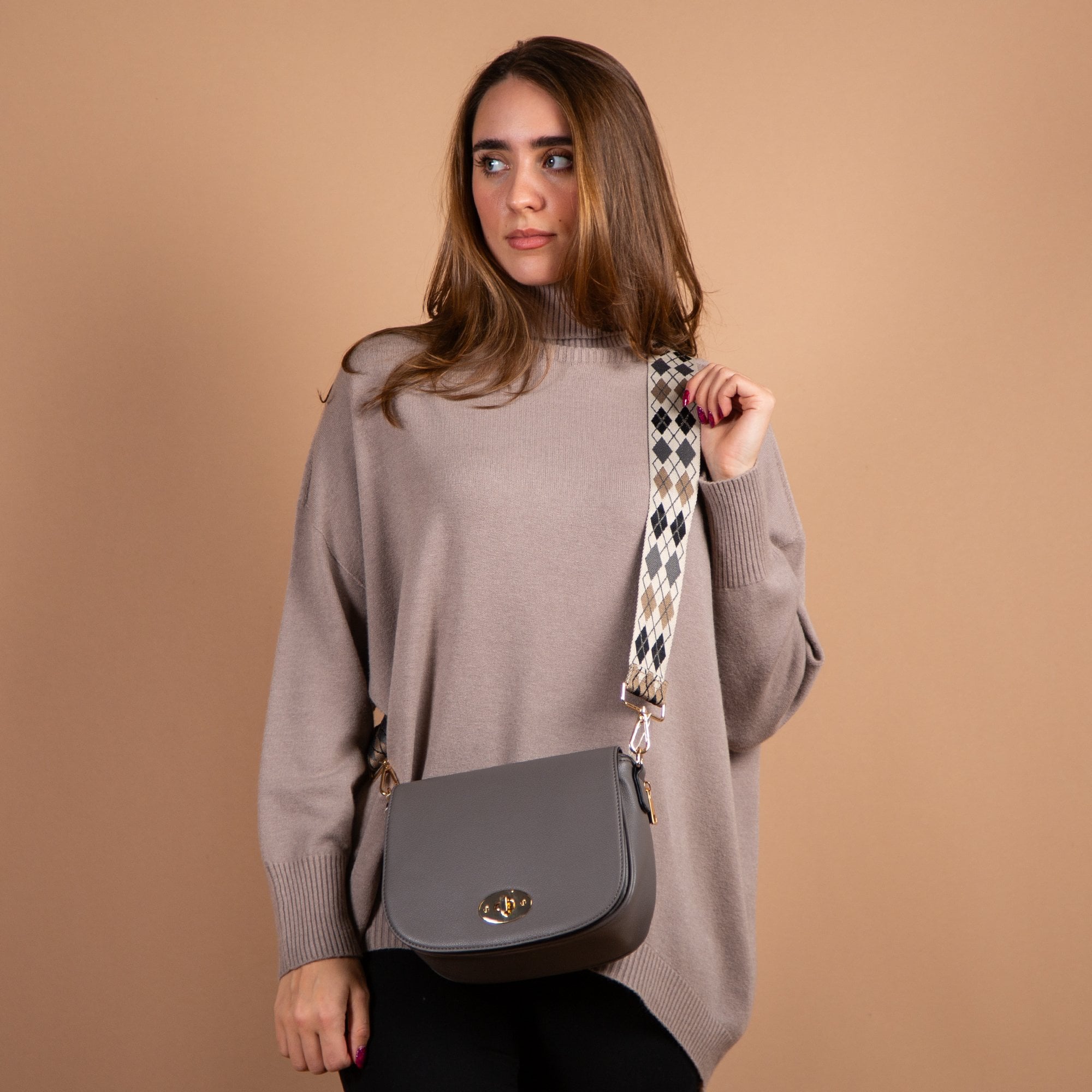 Sister HM Vegan Leather Flip Over Twist Cross Body Bag Dark Grey