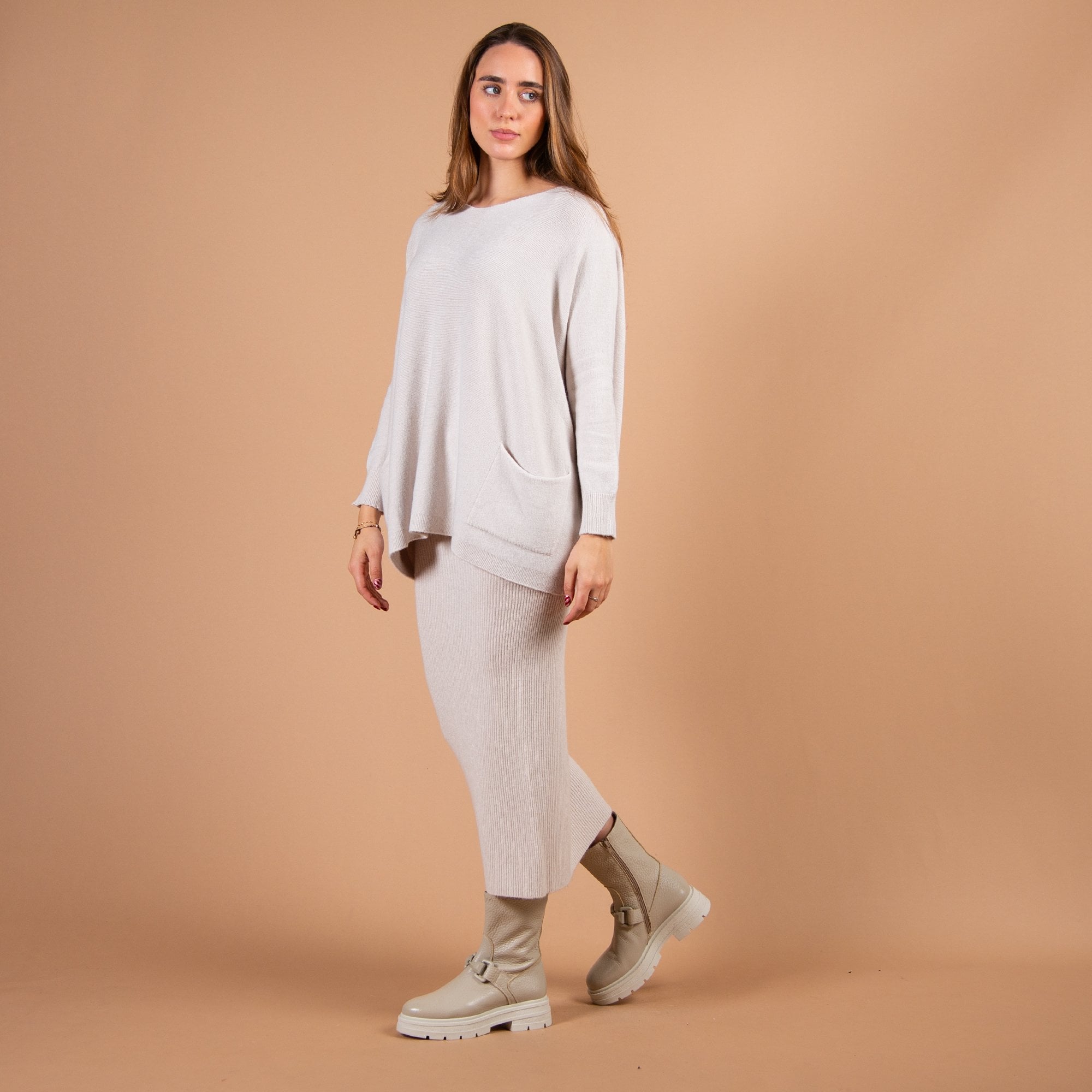 Amazing Woman Saira Ribbed Fitted Midi Skirt Stone 080