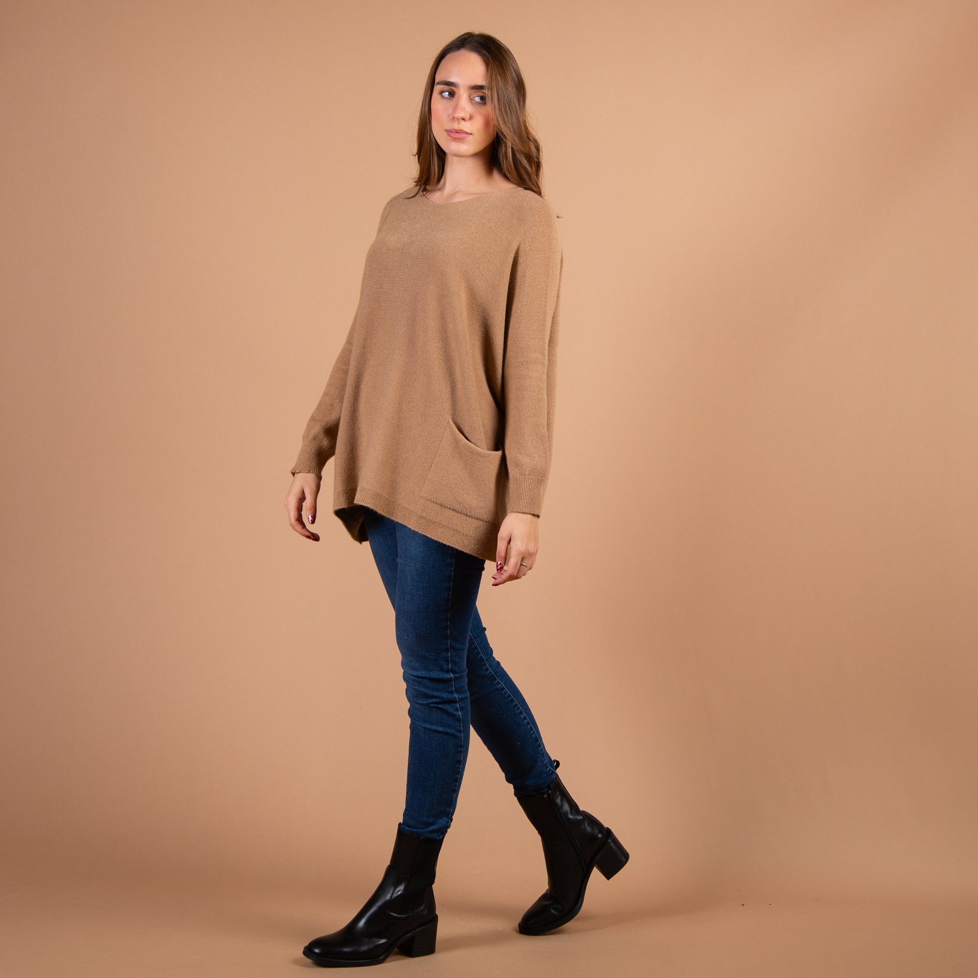 Amazing Woman Caryf X Round Neck Pocket Front Oversized Knit Jumper Caramel 085