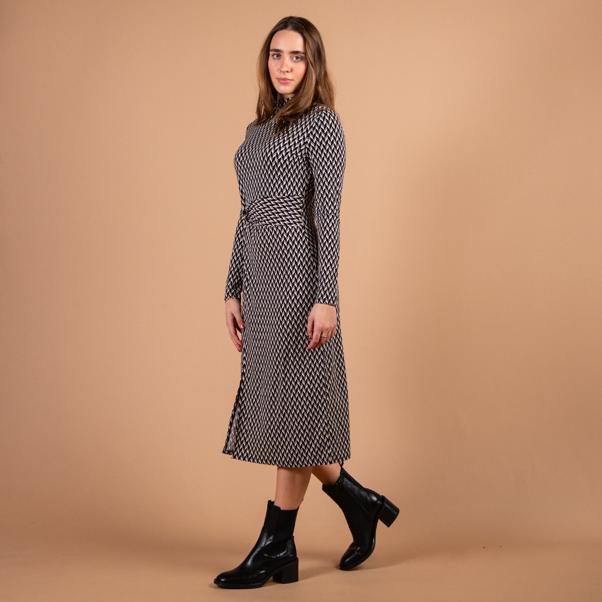 Oui Jersey Diamond Print Fitted Dress Black/cream