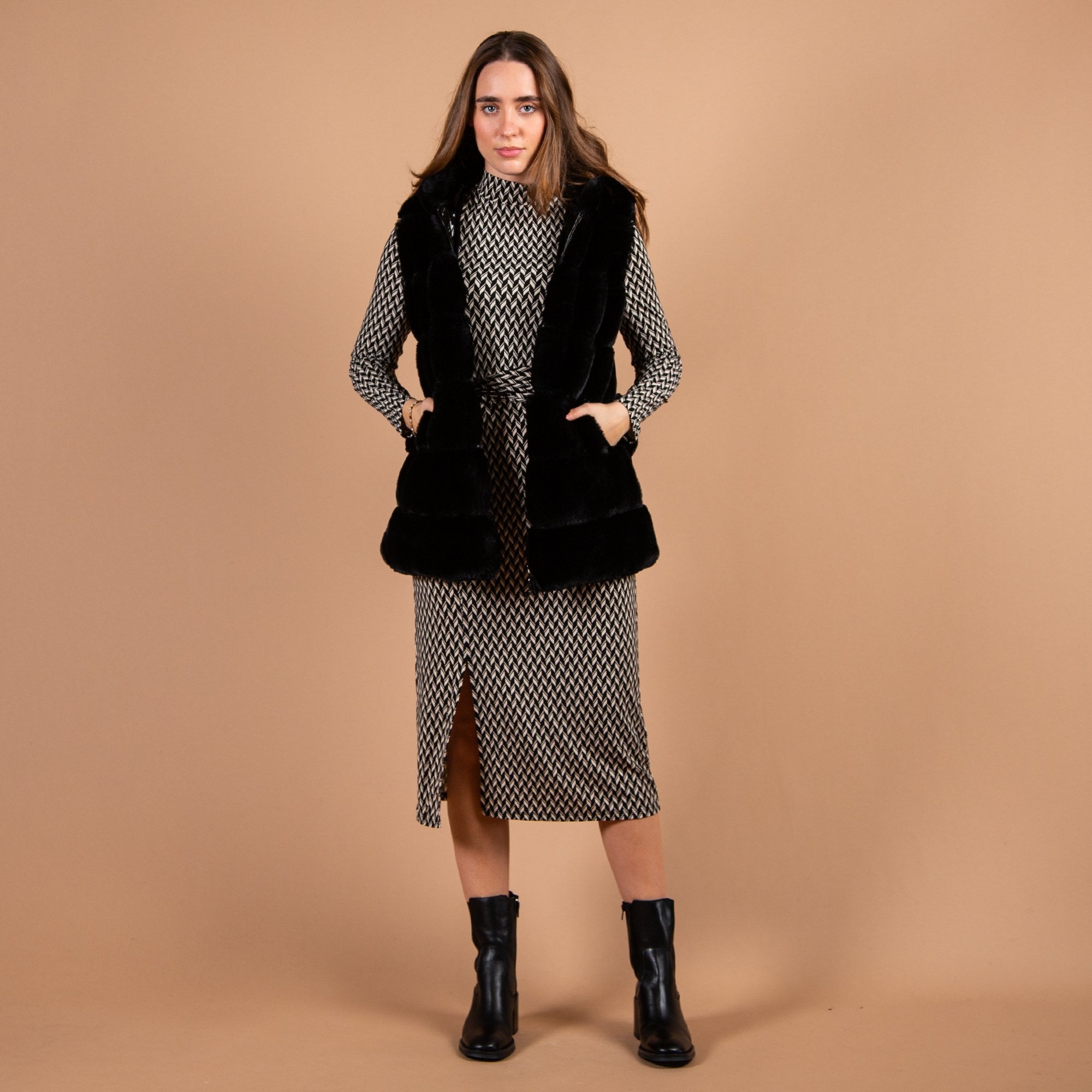 Oui Jersey Diamond Print Fitted Dress Black/cream