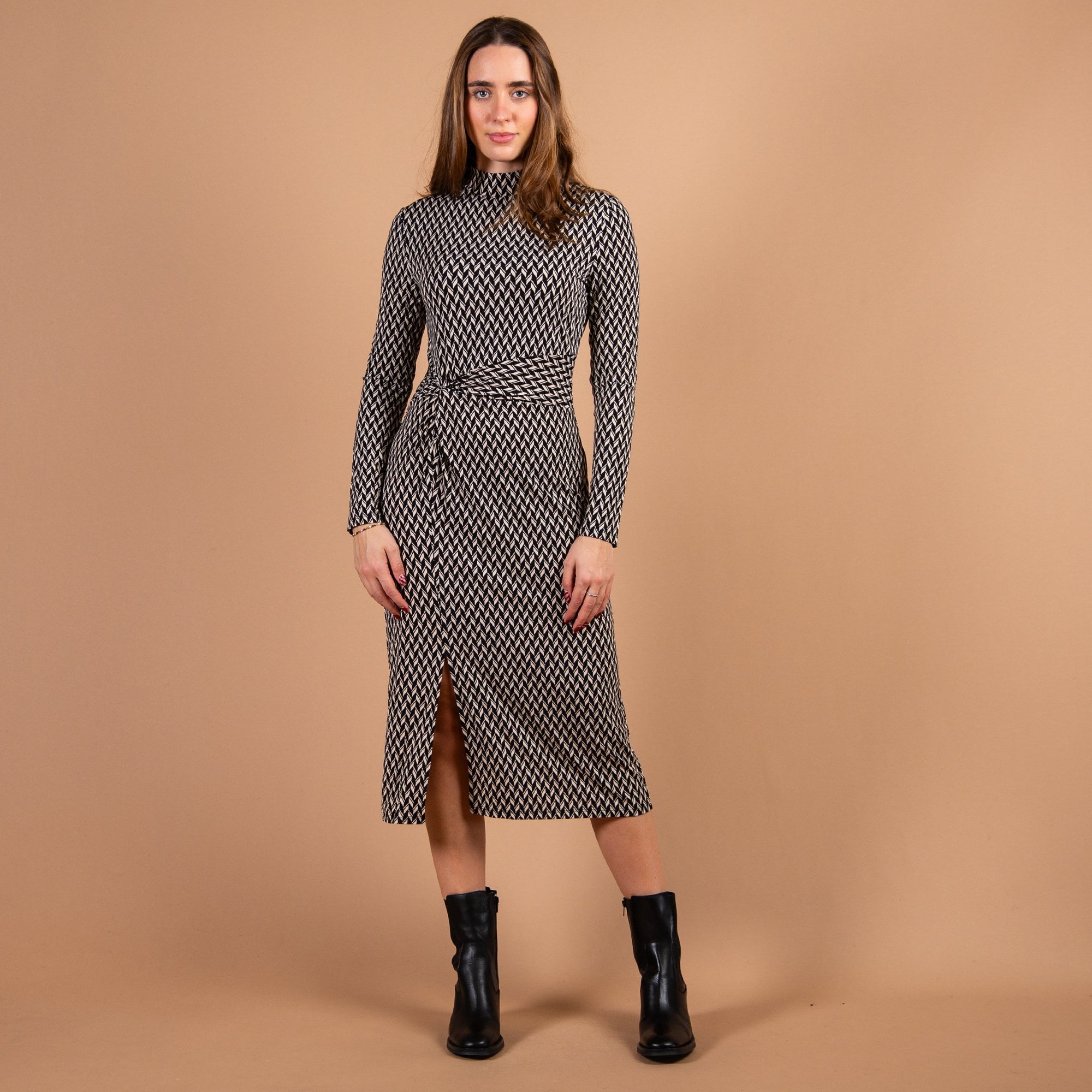 Oui Jersey Diamond Print Fitted Dress Black/cream