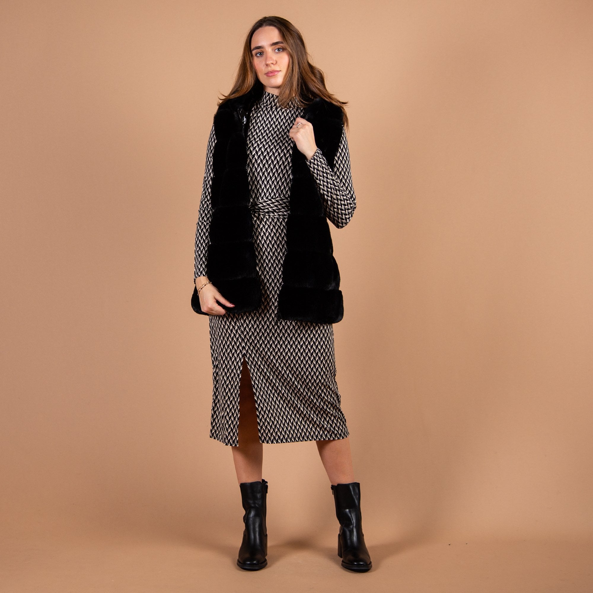 Oui Jersey Diamond Print Fitted Dress Black/cream