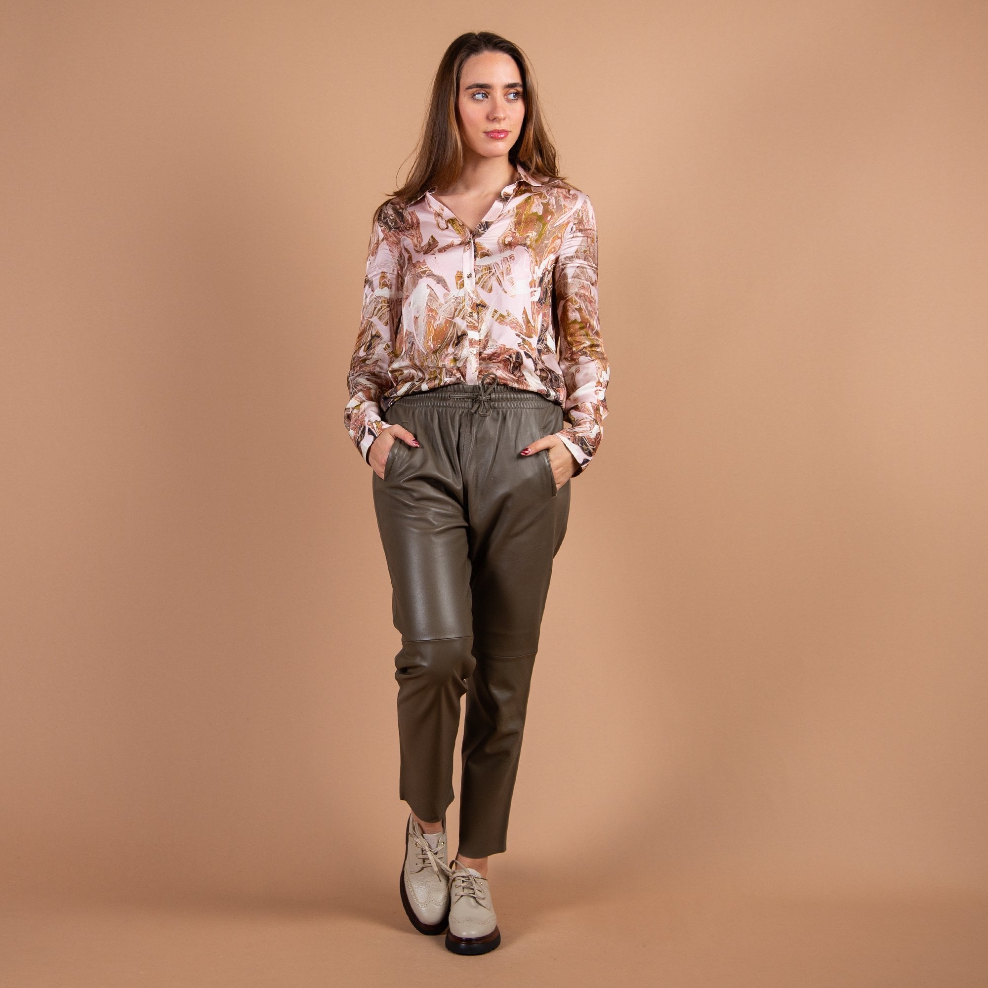 Oakwood Gift Leather Pull On Trouser With Elasticated Waist Taupe