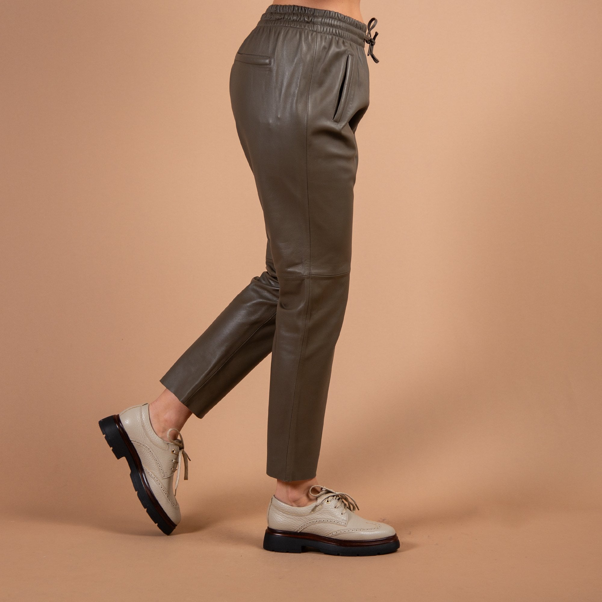 Oakwood Gift Leather Pull On Trouser With Elasticated Waist Taupe