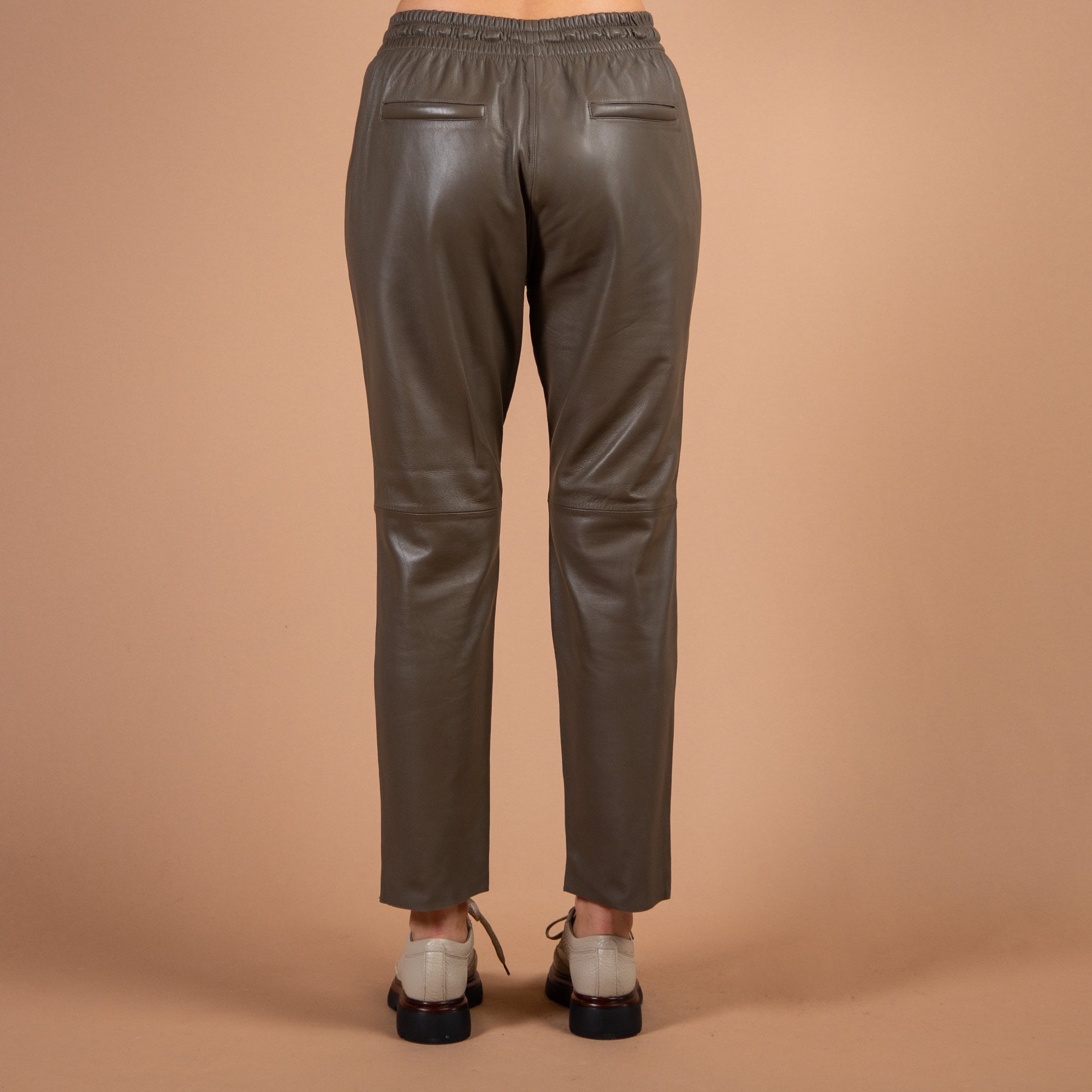 Oakwood Gift Leather Pull On Trouser With Elasticated Waist Taupe