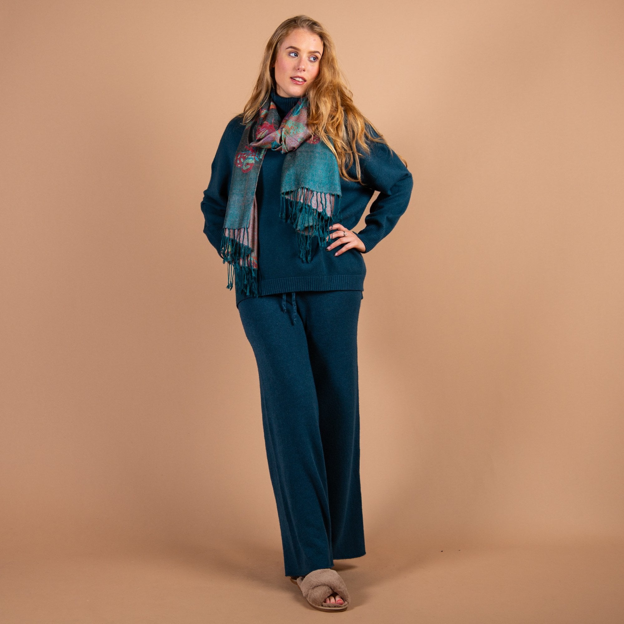 Amazing Woman Colette Wide Leg Knit Lounge Trouser With Tie Waist Dark Teal 382