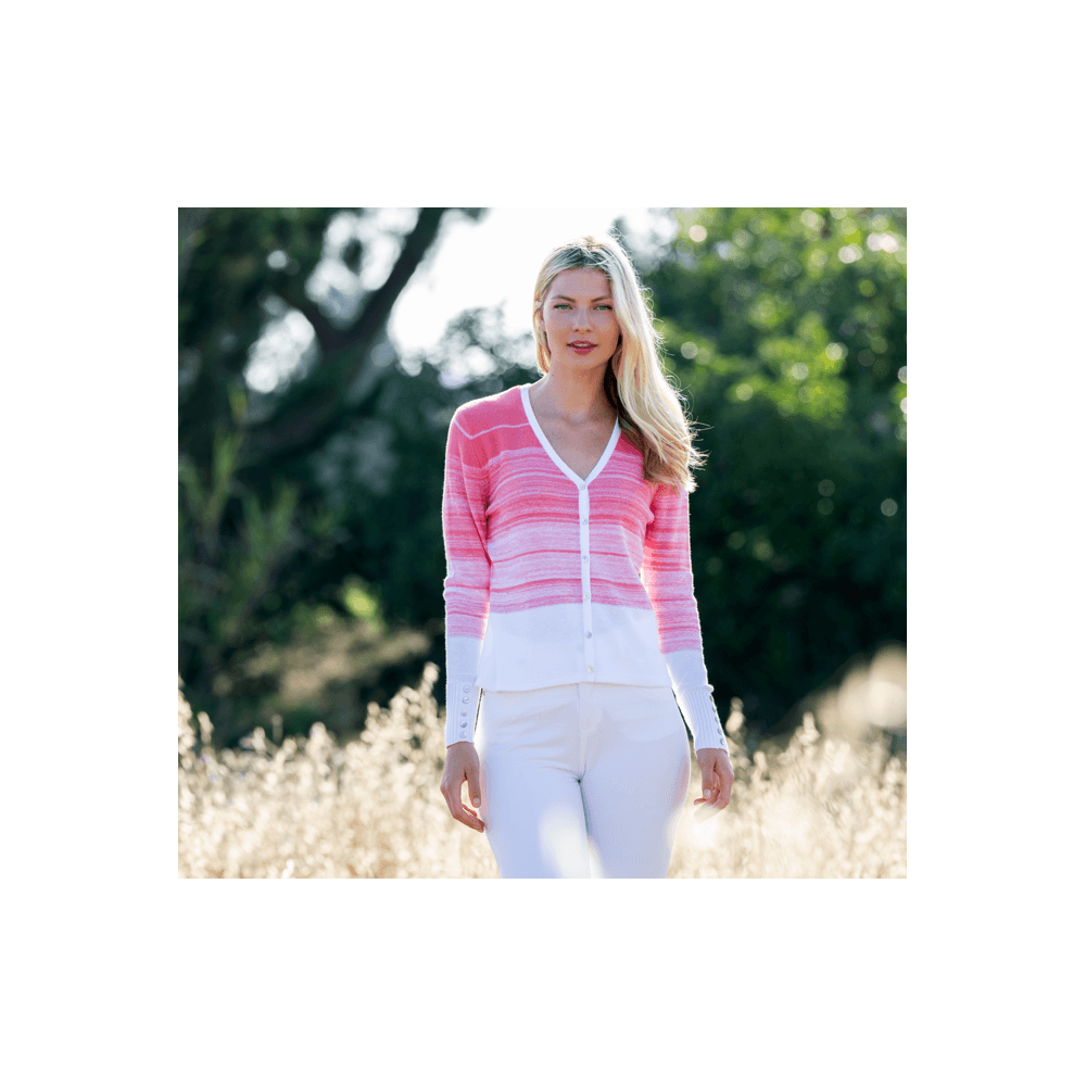 Marble Fashions Faded Stripe V Neck Waffle Knit Cardigan Coral/white 135