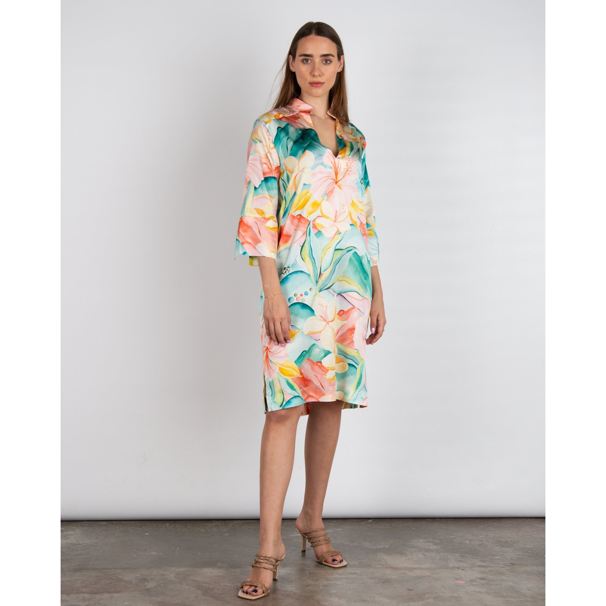 Dea Kudibal Sibeldea Watercolour Lily Print Nehru Collar Silk Dress Desert