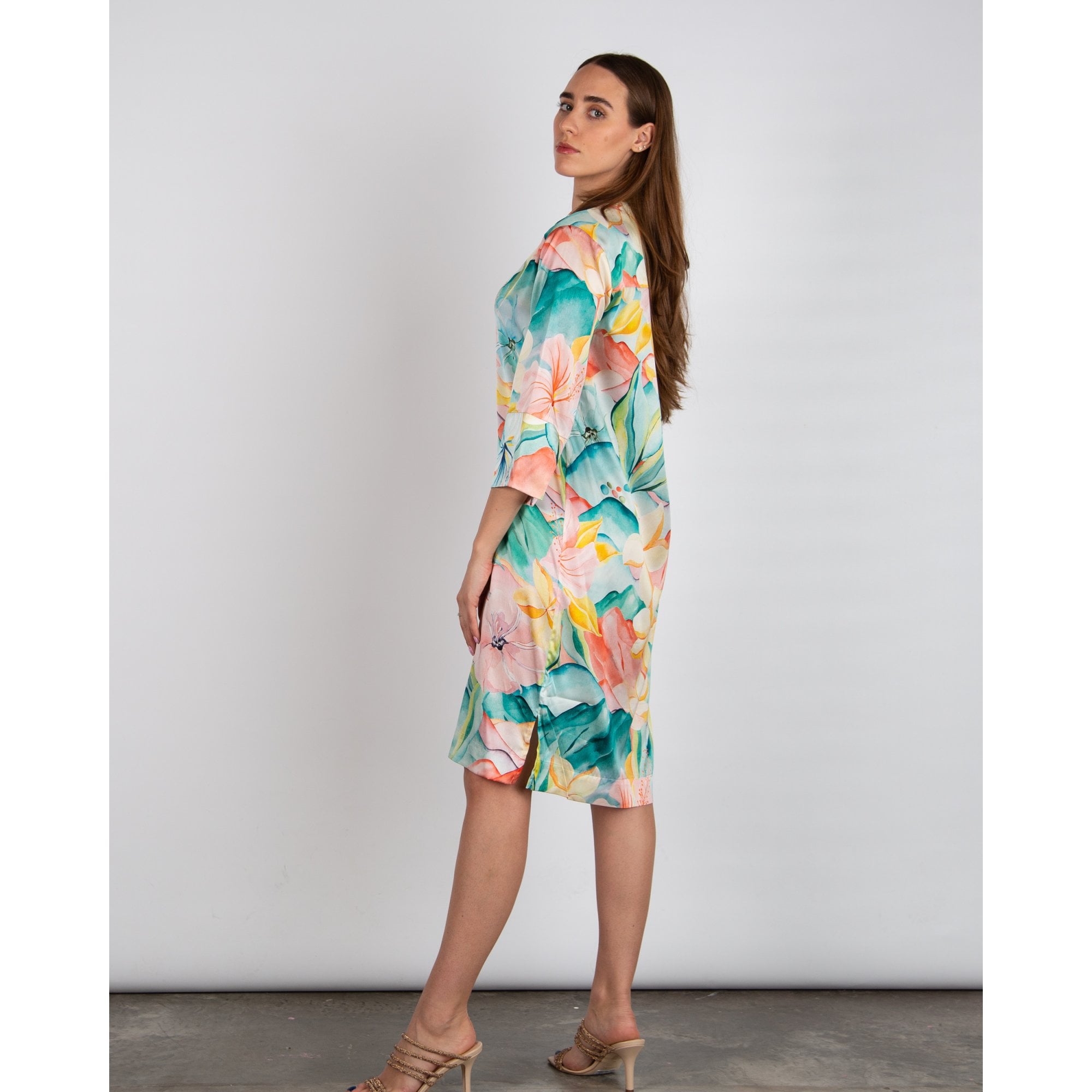 Dea Kudibal Sibeldea Watercolour Lily Print Nehru Collar Silk Dress Desert