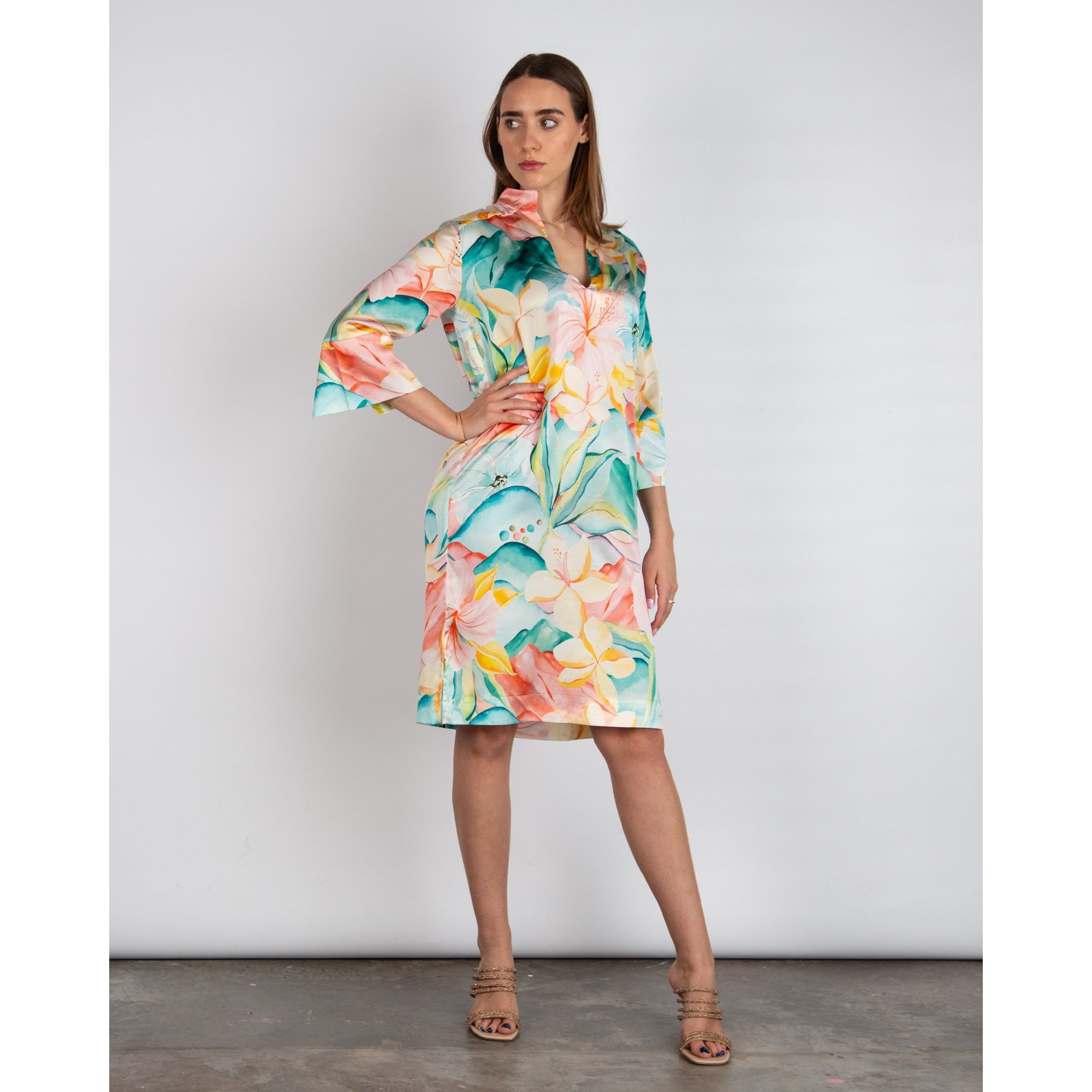 Dea Kudibal Sibeldea Watercolour Lily Print Nehru Collar Silk Dress Desert