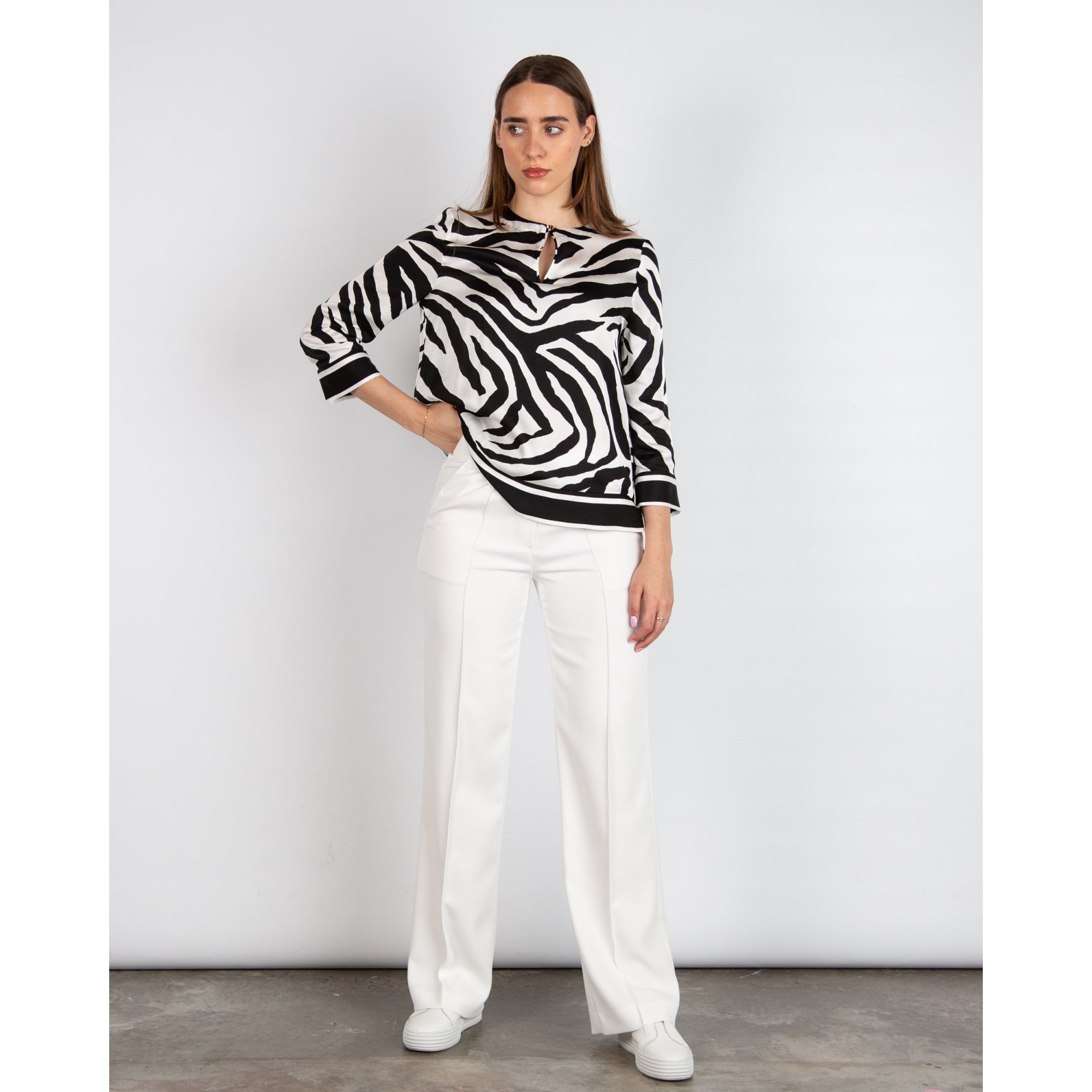 Marc Cain Zebra Print Blouse With Keyhole Neck Black/white