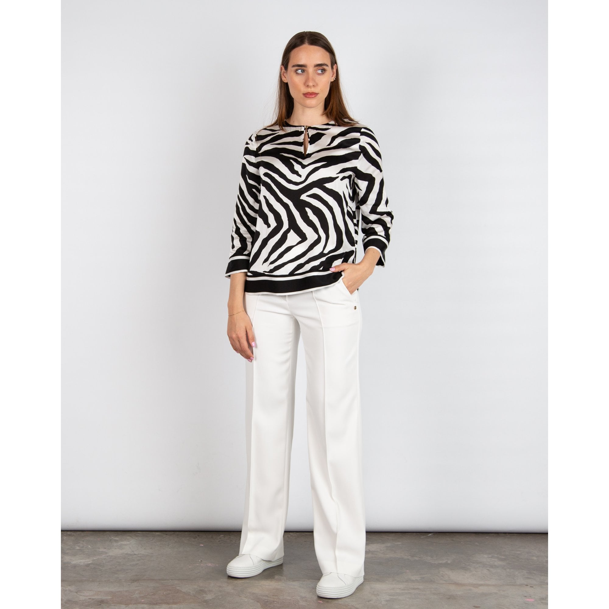 Marc Cain Zebra Print Blouse With Keyhole Neck Black/white