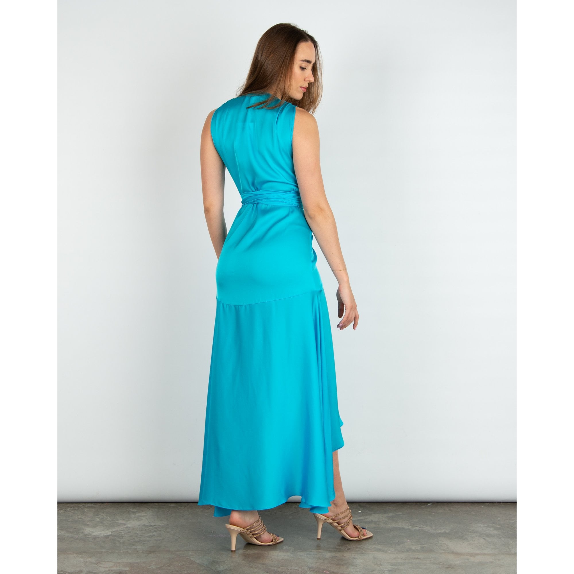 Silk95 Shangri La Sleeveless Tie Waist Long Silk Dress Fountain Blue